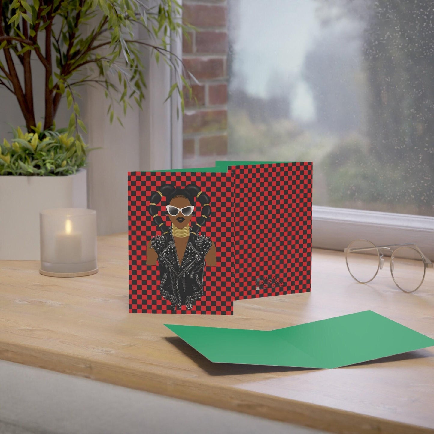 Horn Lady Biker Jacket - Red checkers  Green African Greeting Cards (1, 10pcs)