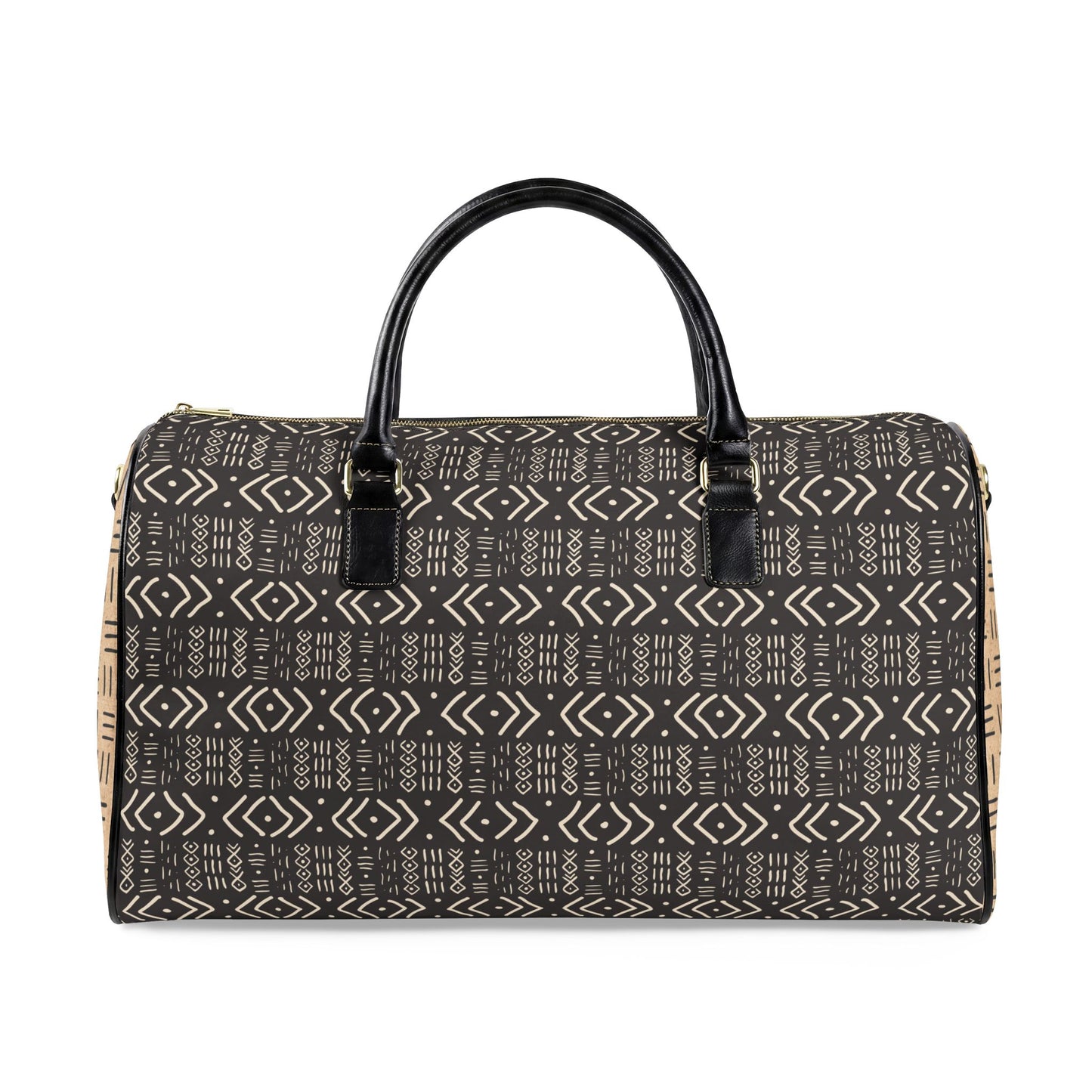 New Vegan Leather Travel Bag, Black Mudcloth with Cork Mudcloth Sides