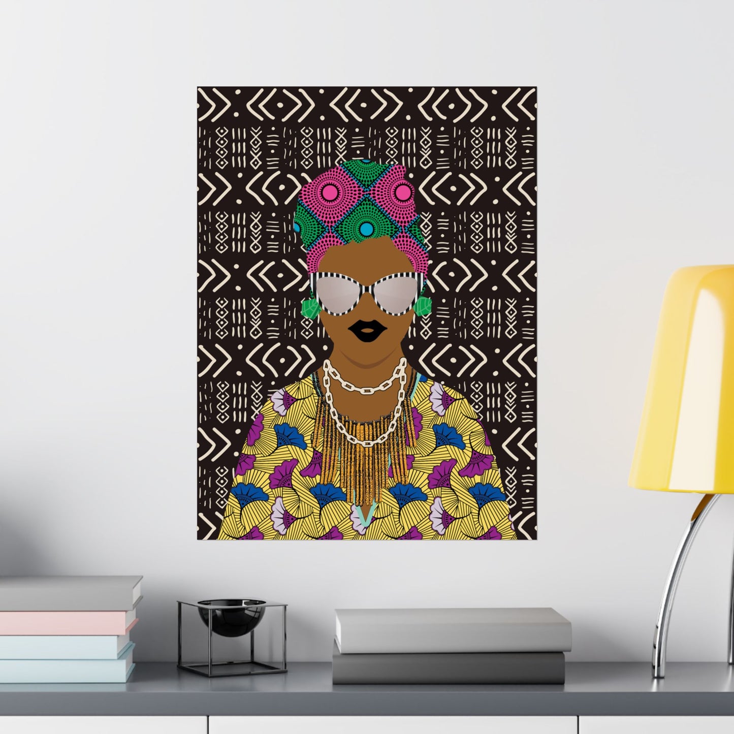 a colorful and vibrant illustration of a person wearing a headdress and jewelry, set against a patterned background.