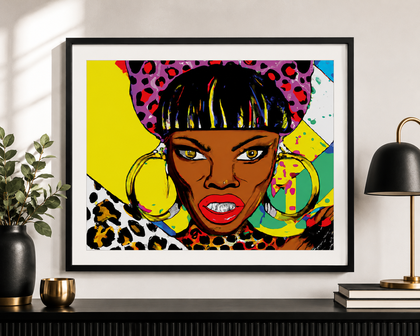 a vibrant, colorful painting of a woman's face with bold, expressive features, including large hoop earrings and a leopard print headband.
