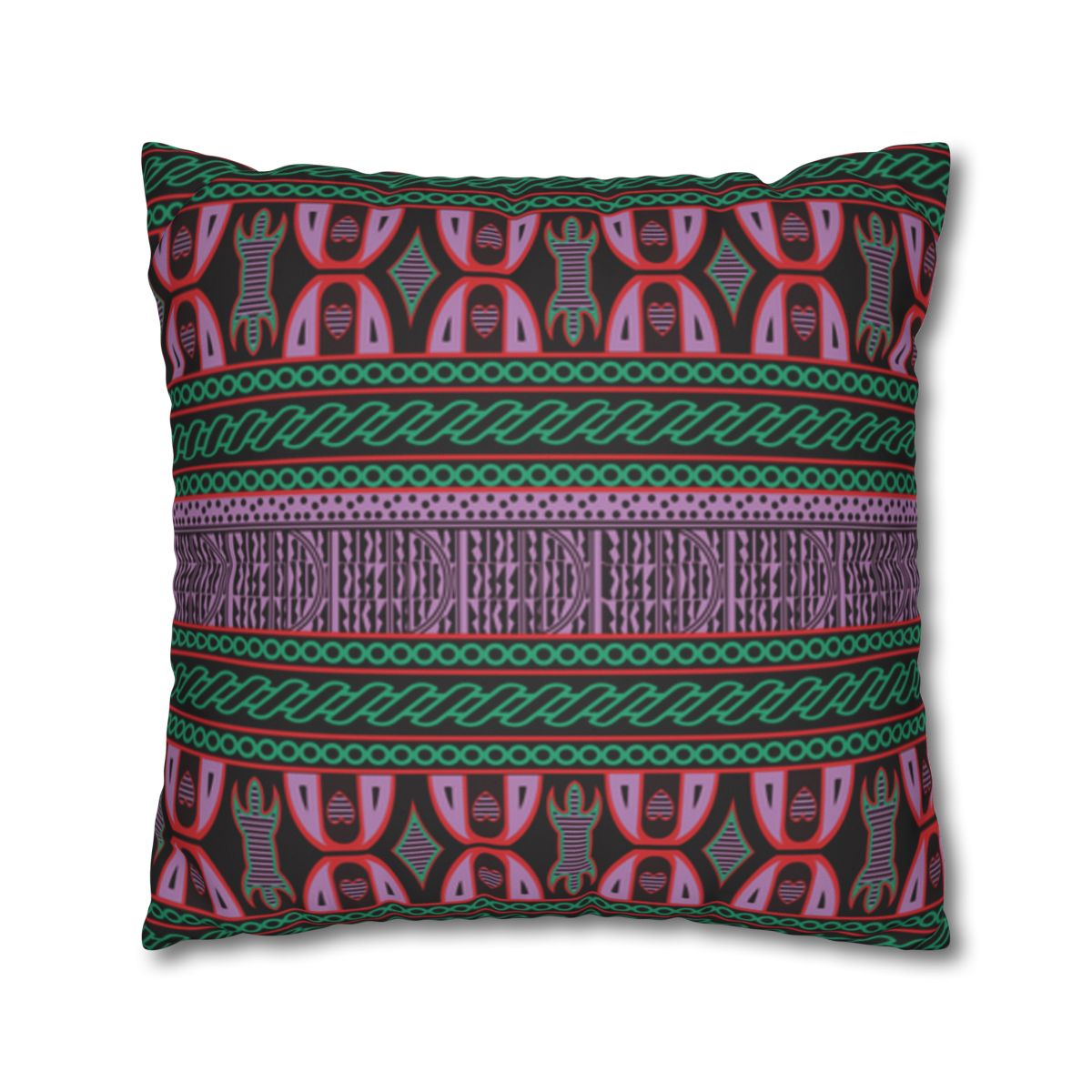 a square throw pillow with a vibrant, colorful, and intricate pattern. The design includes a repeating pattern of geometric shapes and lines in shades of green, purple, and pink. The pillow appears to be a decorative piece, adding a touch of visual interest and style to the space it is placed in.