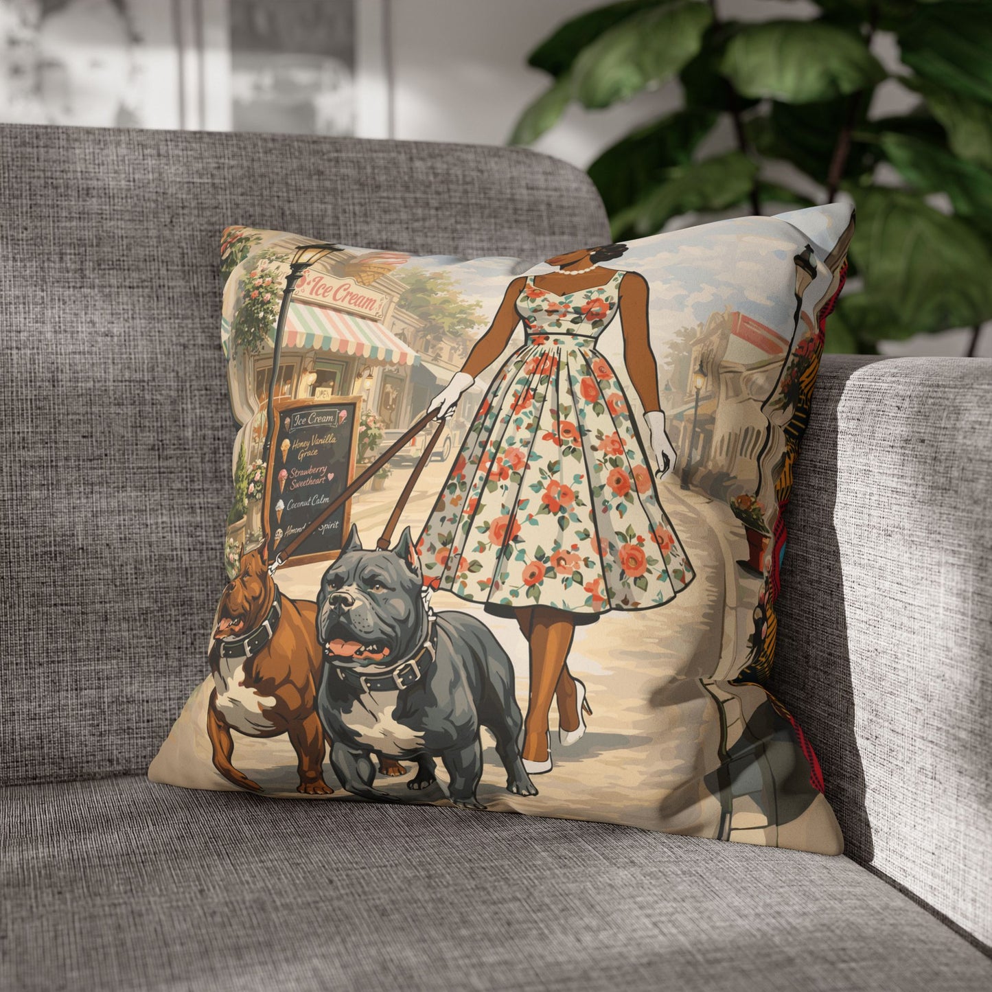 Faux Suede Pillow Case, Strut, Scoops & Pups, Square Throw Cushion, 1950s Home Decor, Living Room Accent, Bedroom Accessory