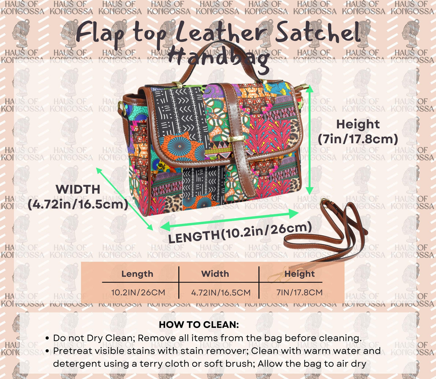 Ankara Print Vegan Leather Satchel Handbag: Black Flap Top, Long Strap, Ready to Ship