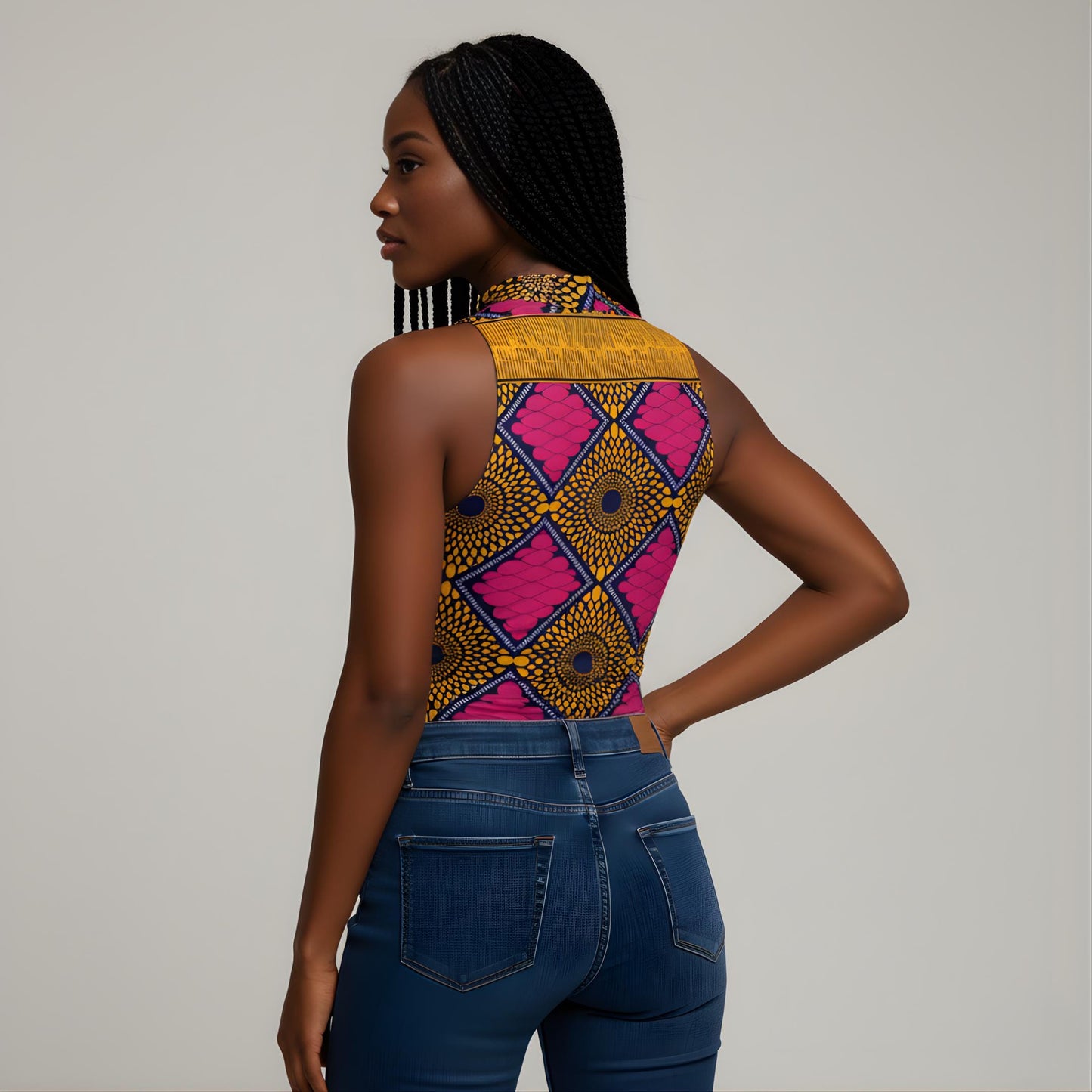 African Pink Ankara Ribbed Stretchy Bodysuit: Sleeveless, Slim Fit with Half-High Collar