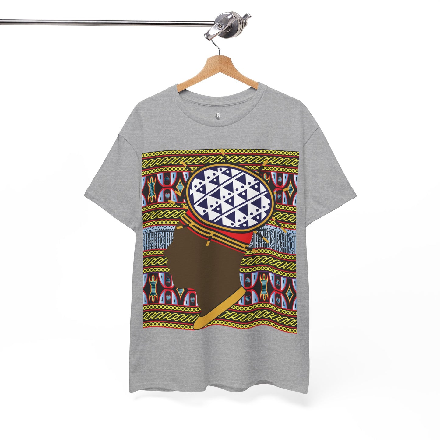 Man in Spiky Bamenda Bamileke Hat Chocolate on Black Mudcloth Unisex Heavy Cotton Tee