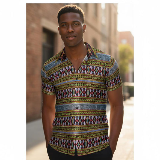Ndop Toghu Print Men's Button-Up Shirt: Cameroonian African Pattern