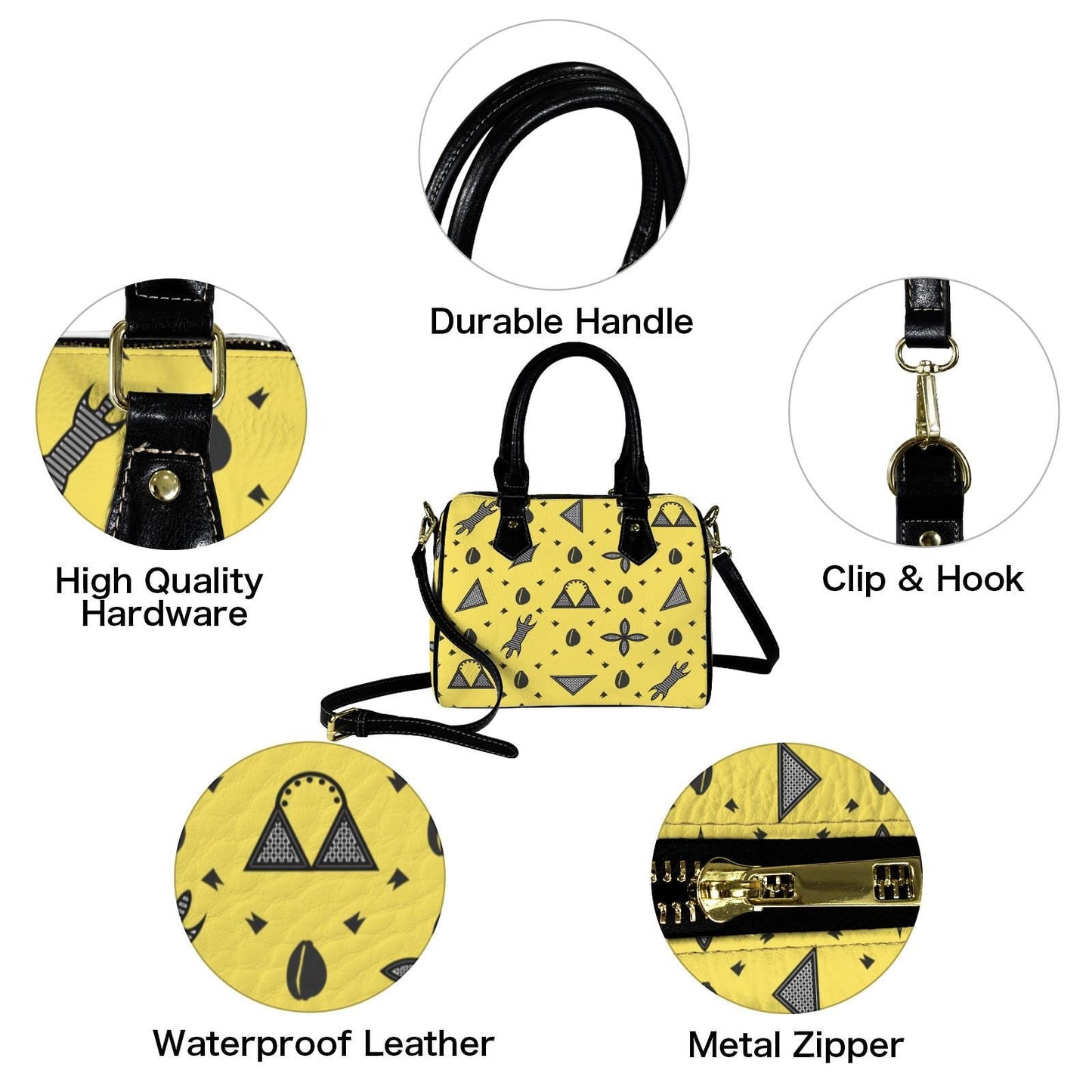 Yellow Vegan Leather Satchel Handbag, Black or Khaki