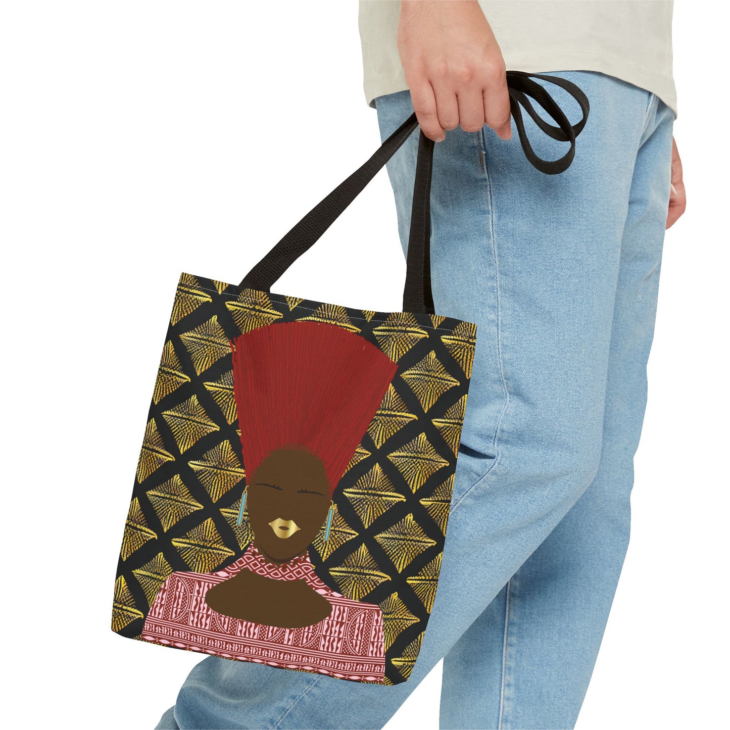 Afrocentric Queen Nef Two Sided Canvas Tote Bag, Gold Goals