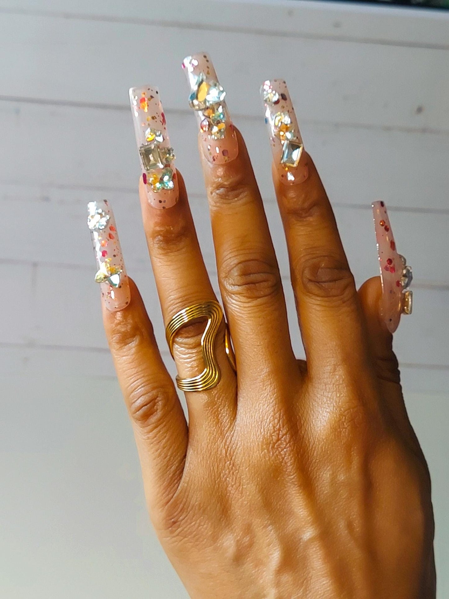 XXLong Tapered Square Pink Press On Nails, Red Glitter Crystal Gems, 10pcs