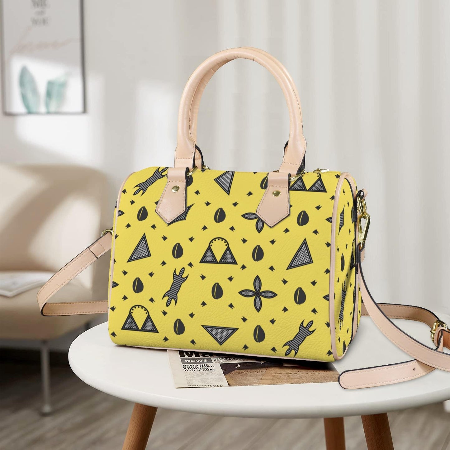 Yellow Vegan Leather Satchel Handbag, Black or Khaki
