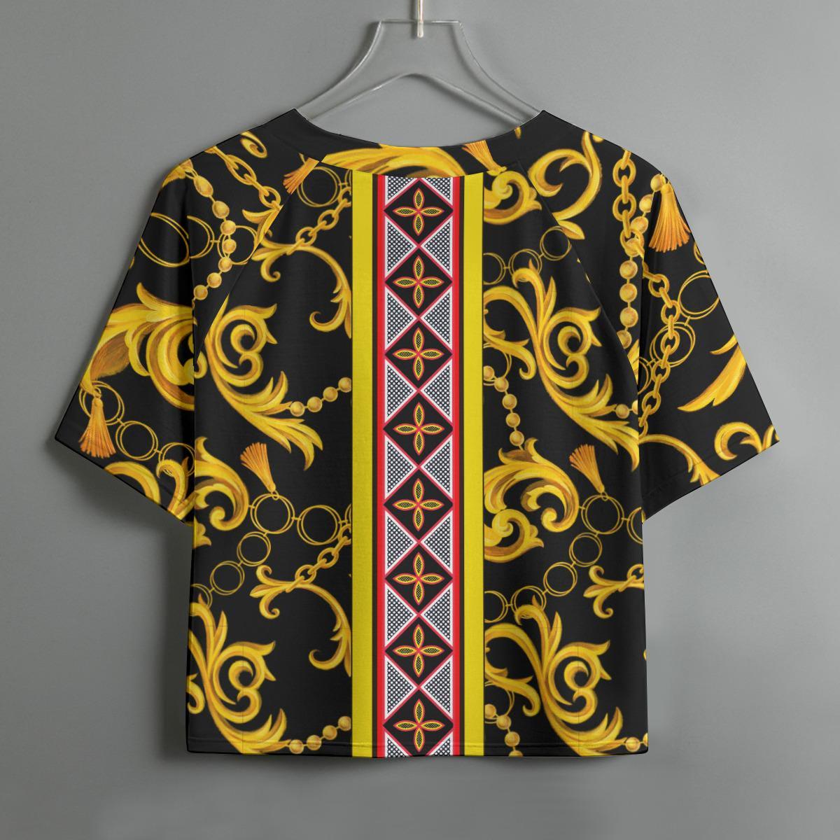 Gold Leaf Toghu Stripe Crop Top: Women's High Stretch Raglan Shirt