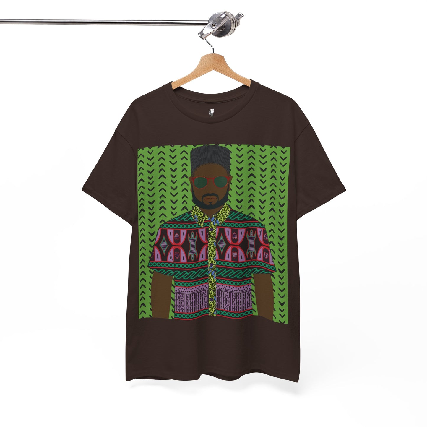 Phillipe(Chocolate) in Purple Toghu on Green Mudcloth Unisex Heavy Cotton Tee