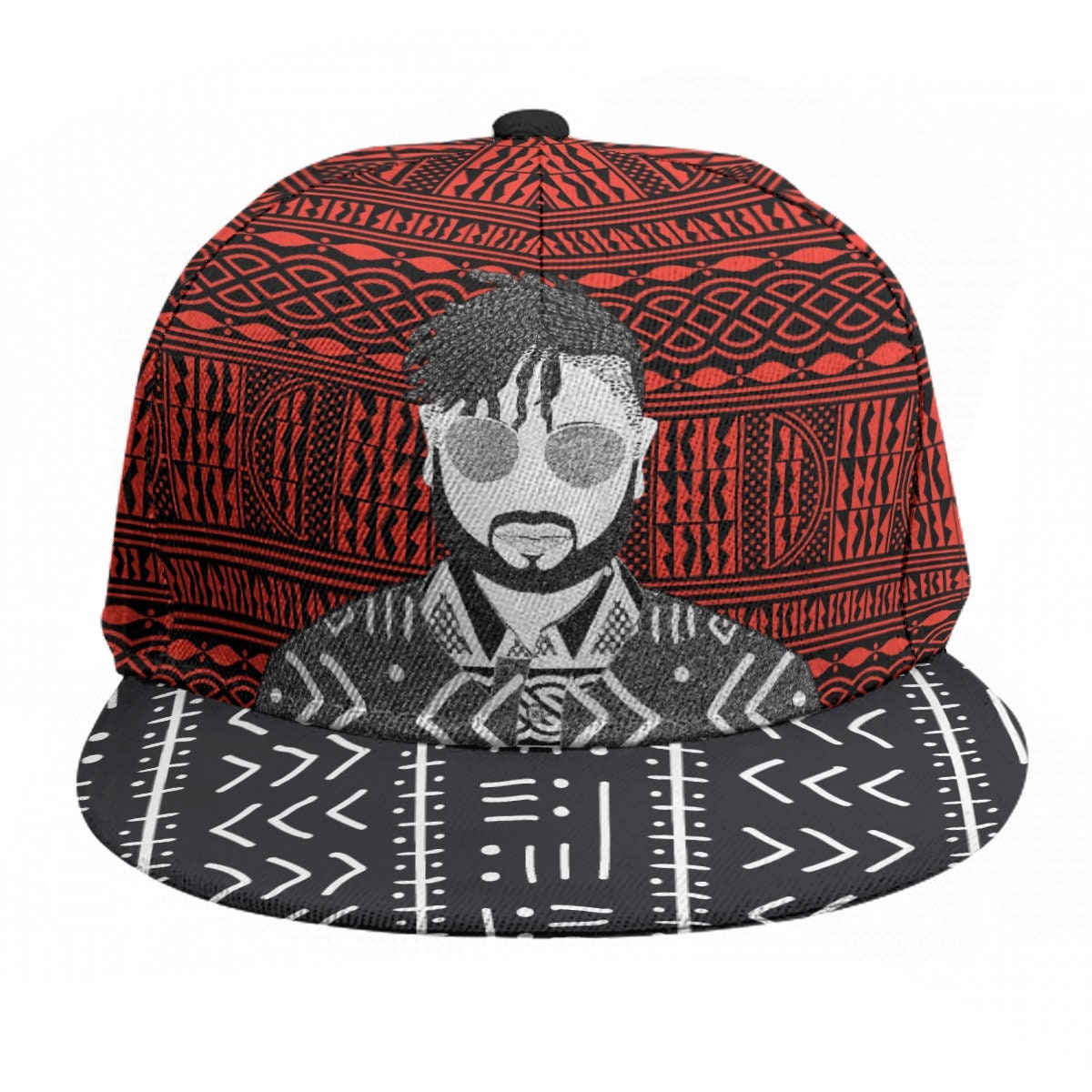 African Print Snapback Hat: Red Ndop & Mudcloth Flat Brim
