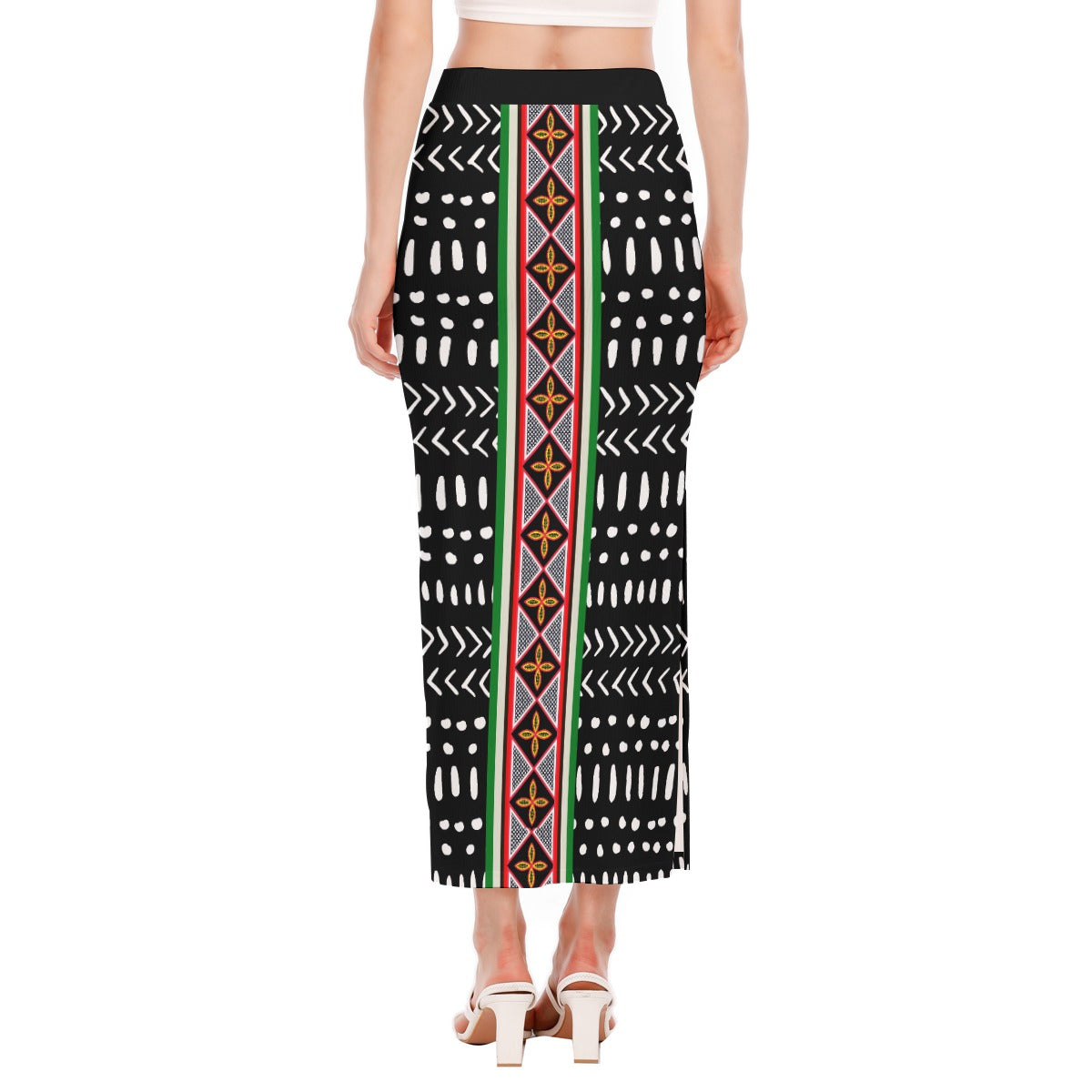 Mudcloth Ribbed Stretchy Maxi Skirt, African Print with Toghu Stripe, Side Slit, Ready to Ship