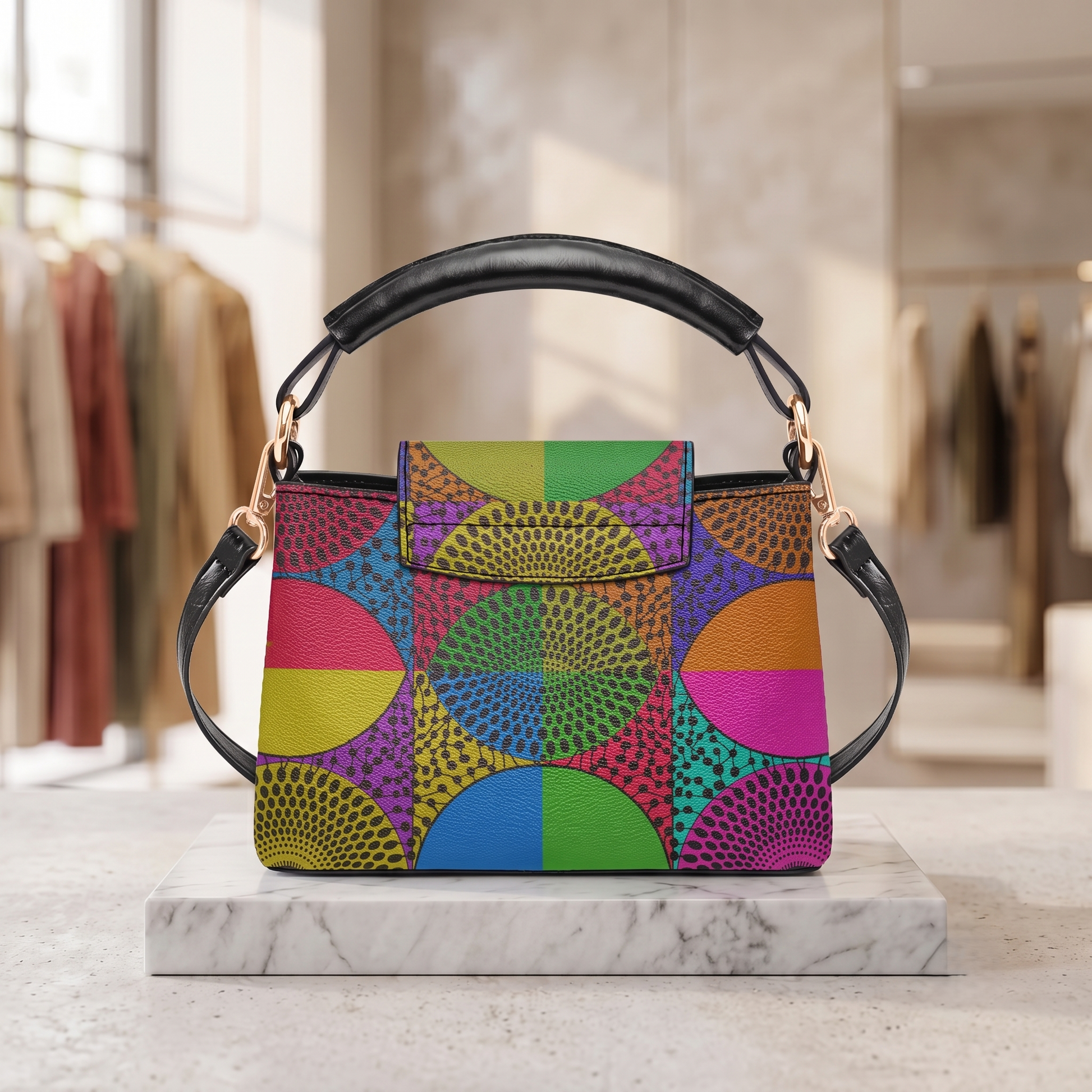 A colorful, patterned handbag with a black leather strap and gold hardware is displayed on a white marble pedestal in a clothing store.