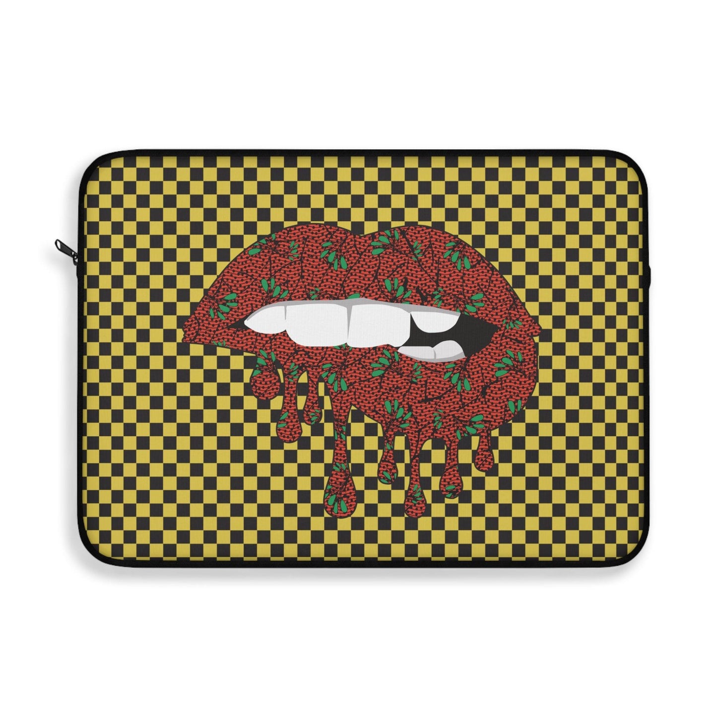 Red Floral Lips Laptop Sleeve: Yellow Checkers, Front Print