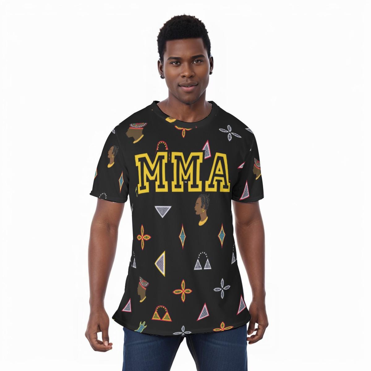MMA All-Over Print T-Shirt, Cameroon Toghu Shapes, Athletic Eyebird Fabric Tee, Ready to Ship