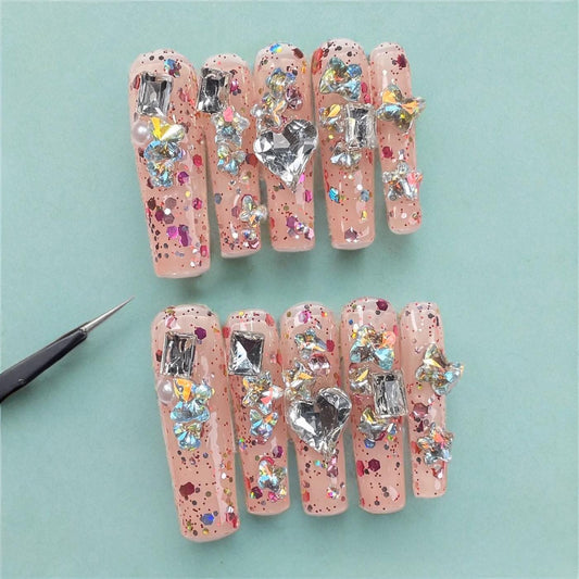 XXLong Tapered Square Pink Press On Nails, Red Glitter Crystal Gems, 10pcs