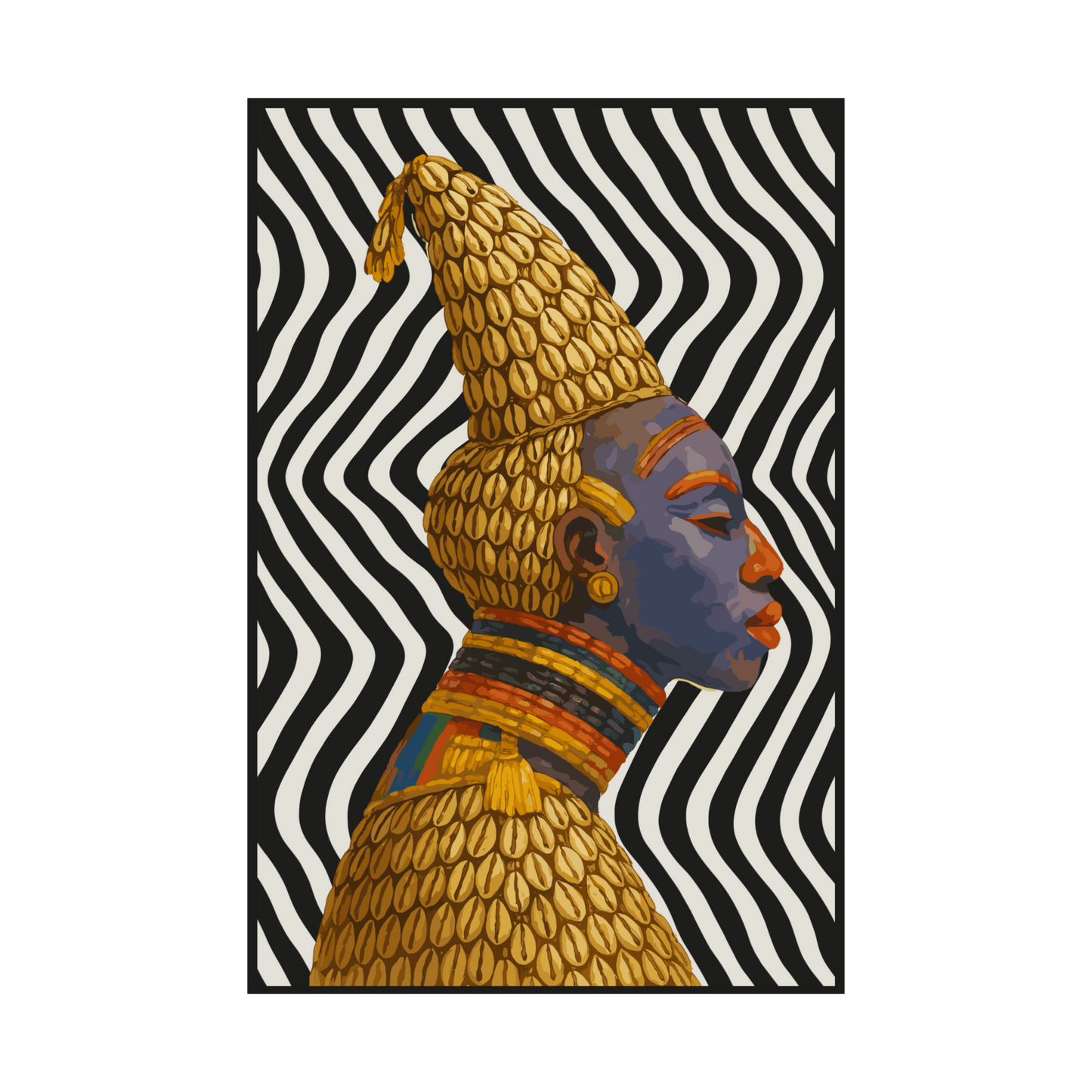 a colorful portrait of a person with a distinctive headdress, set against a background of black and white stripes.