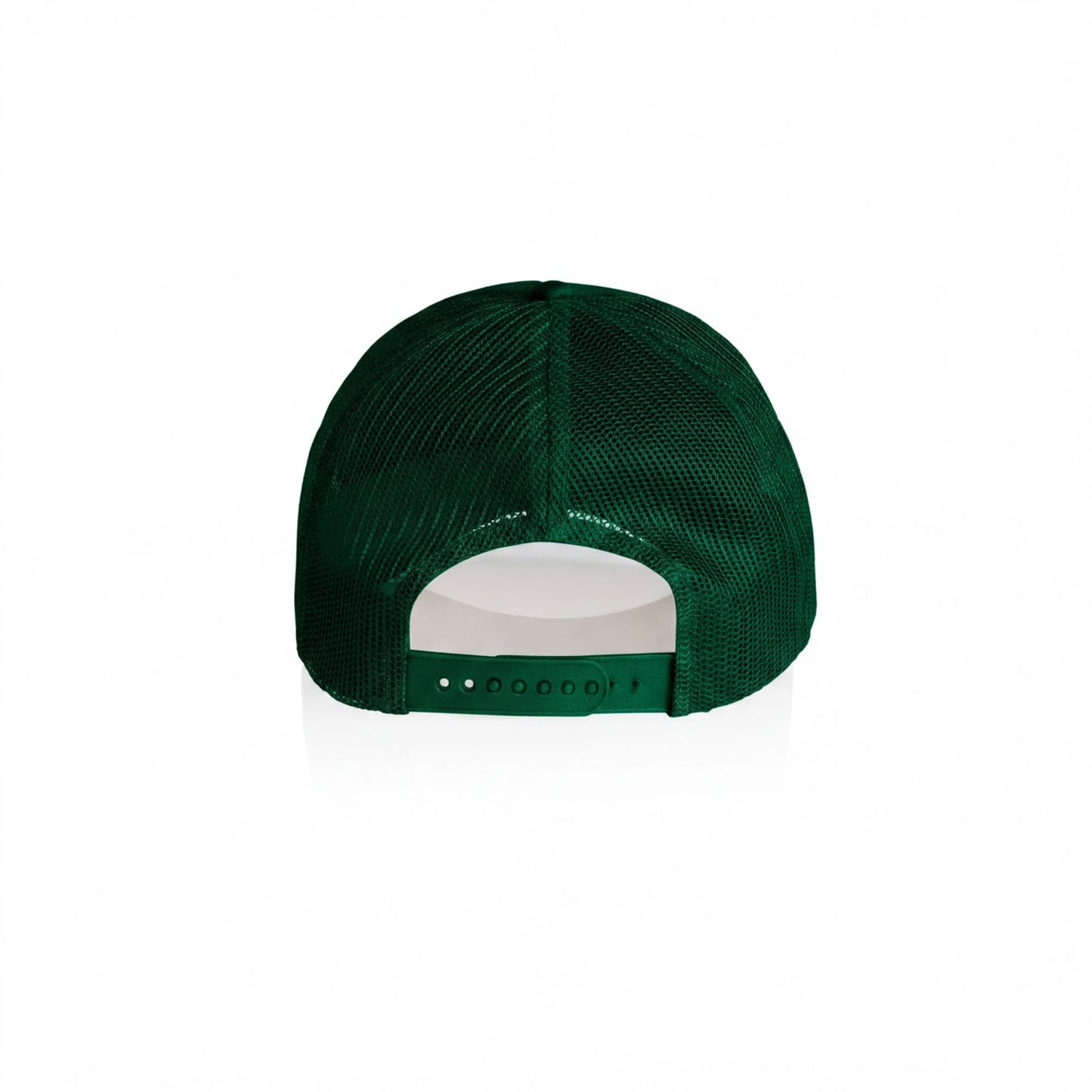 A green mesh baseball cap is shown against a white background.