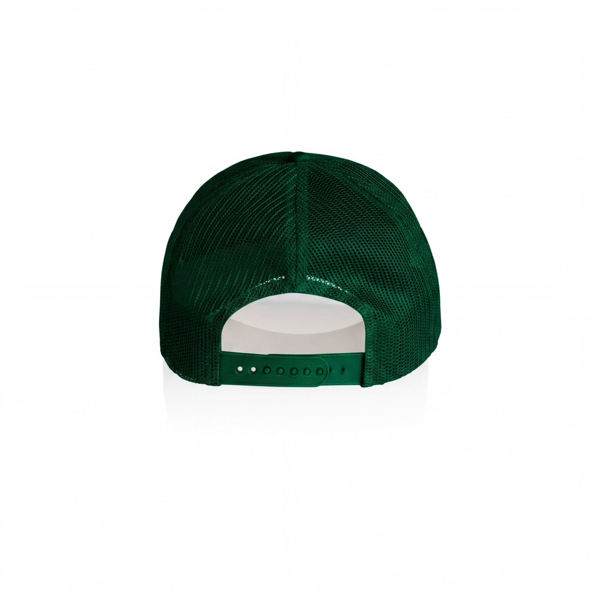 A green mesh baseball cap is shown against a white background.
