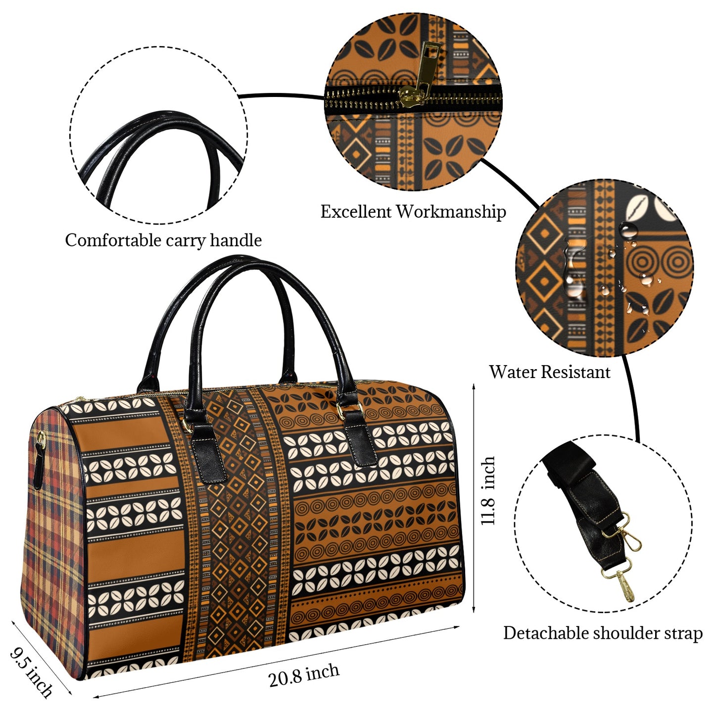 NEW Vegan Leather Mudcloth & Cowries Print Travel Bag