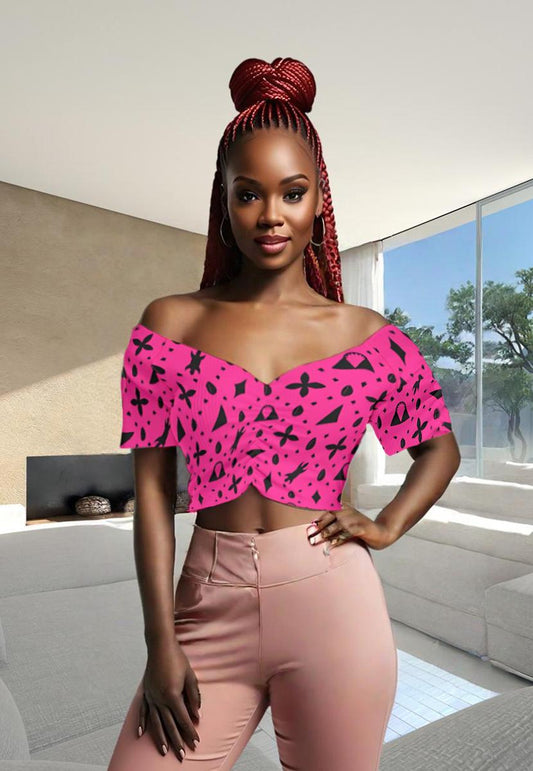 Hot Pink Toghu Print Crop Top: V-Neck Stretchy Festival Shirt