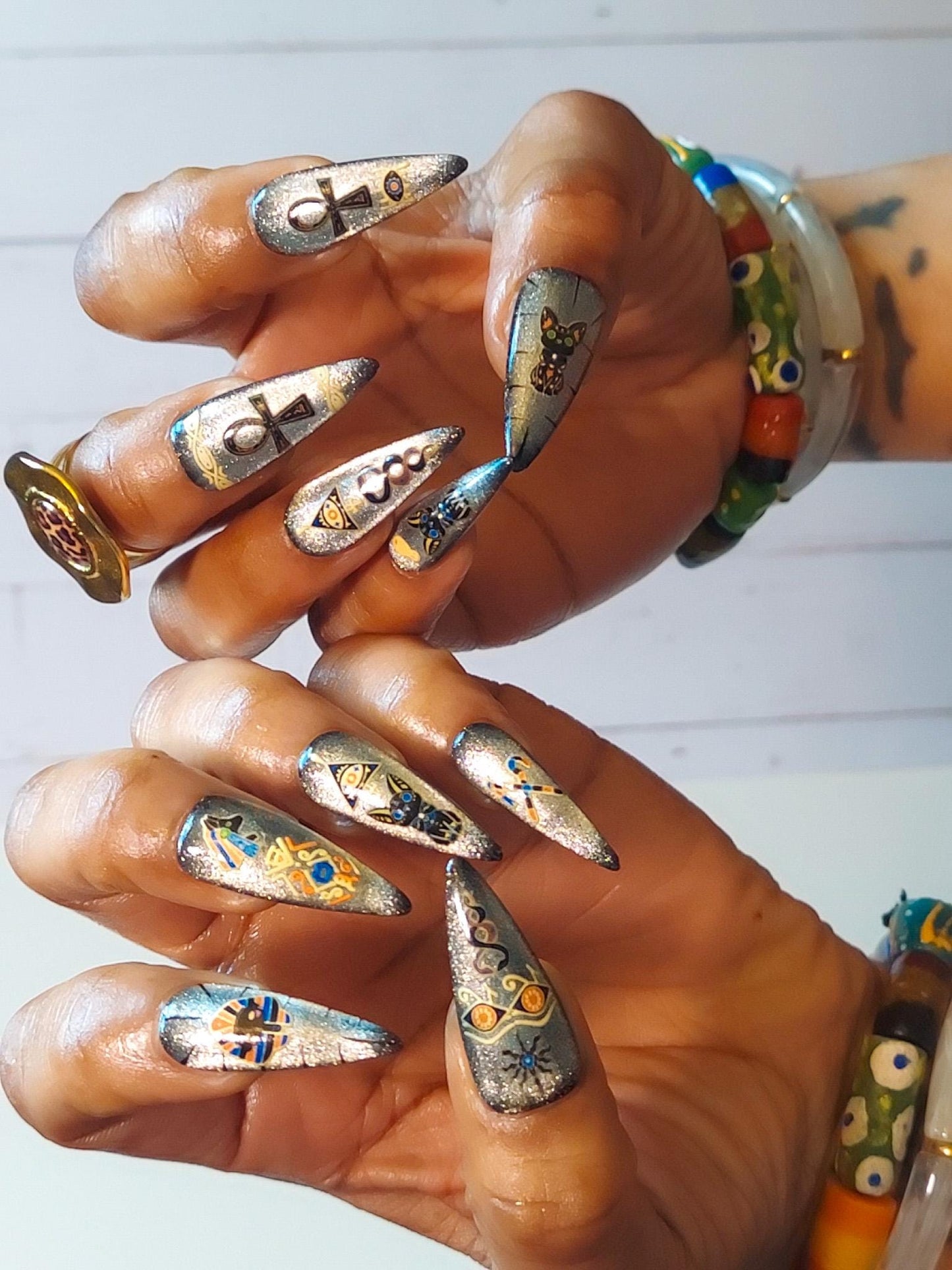 Handmade Silver Egyptian Cat Press On Nails: Long Stiletto Nail Set, Ready To Ship