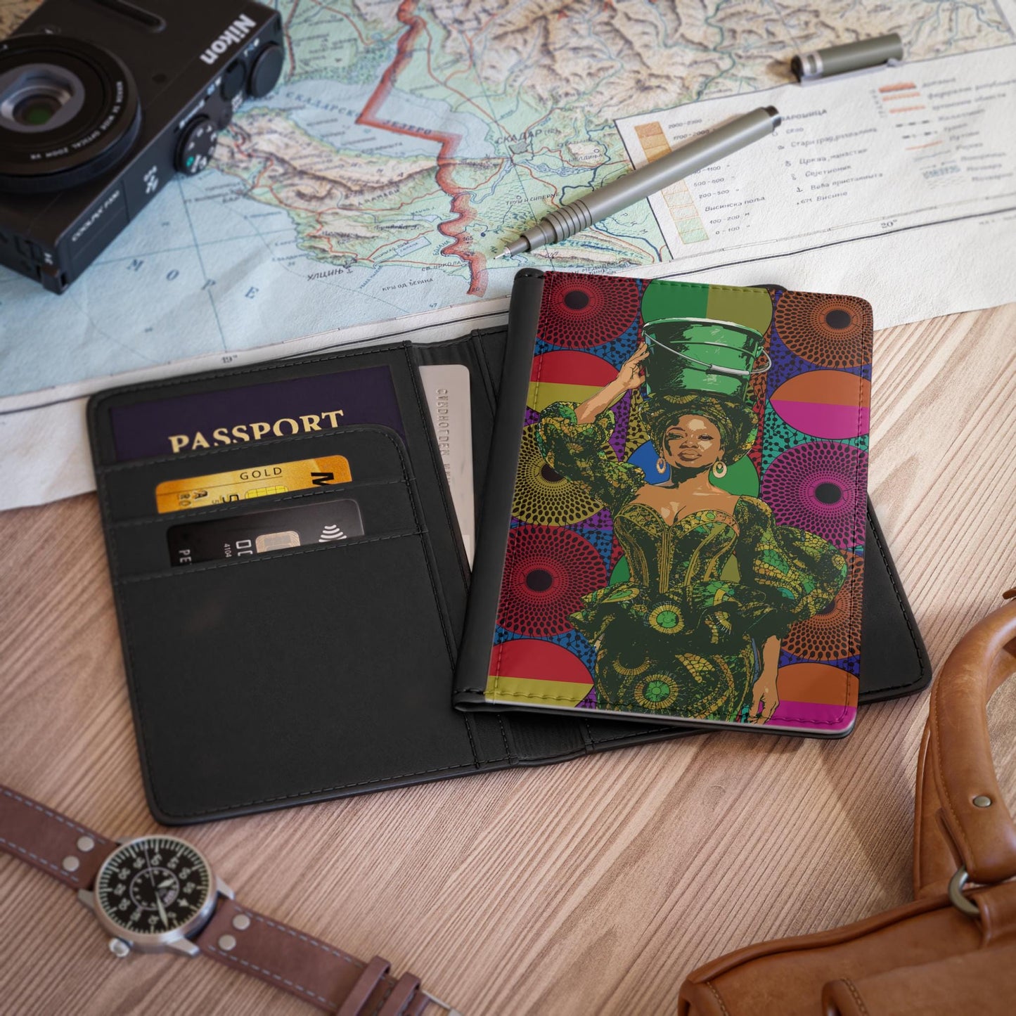 Lady and Bucket Passport Cover on 2 Ankara Prints, Travel Wallet, Pu Leather Passport Holder, Passport Protector, Travel Accessory