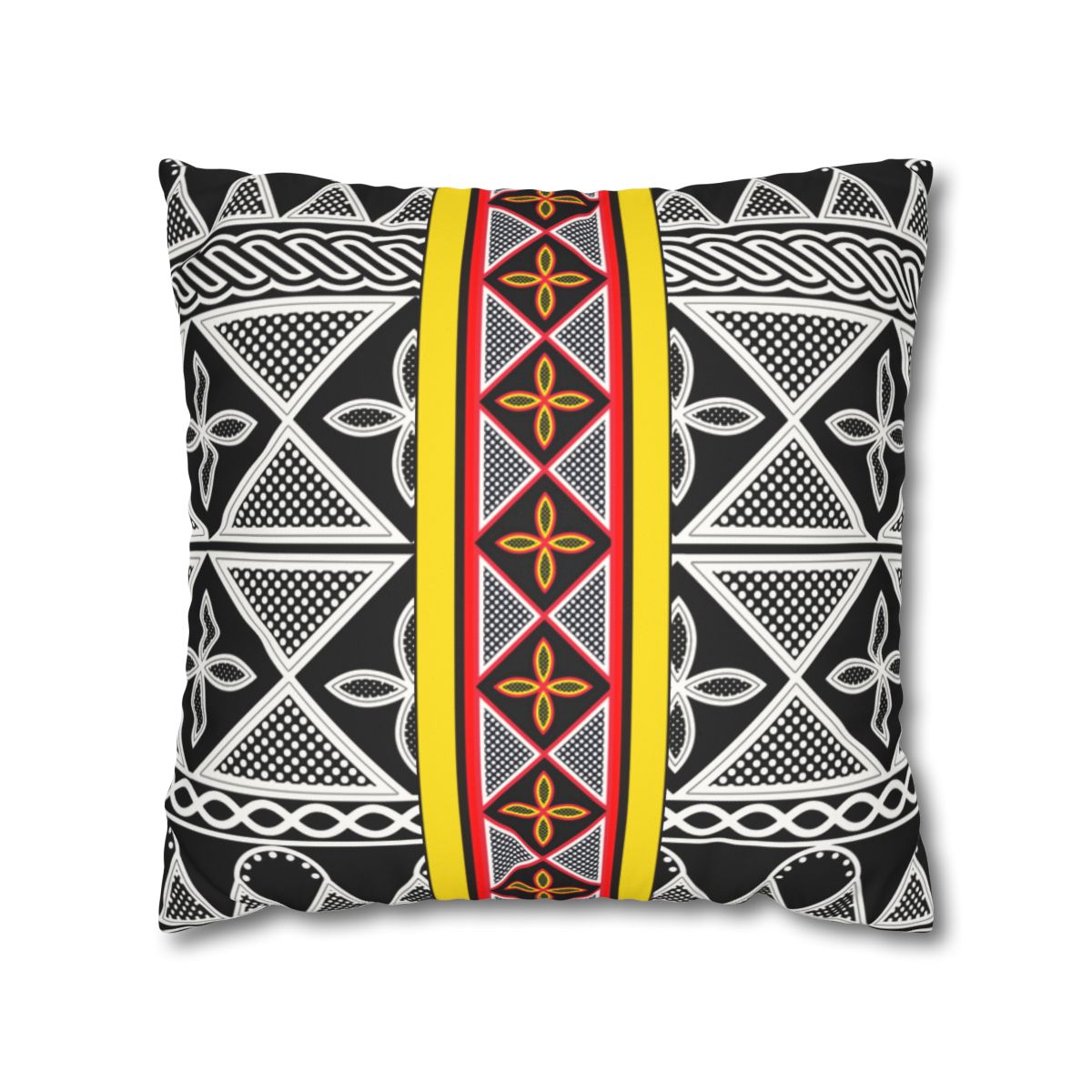 a square throw pillow with a black and white geometric pattern, a yellow stripe, and a red and yellow stripe.
