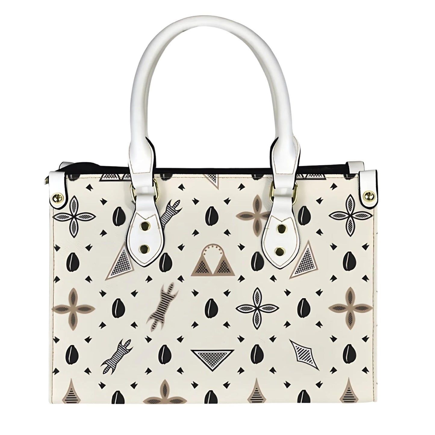 African Vegan Leather Tote Bag: Beige Toghu Print, White Handles, Ready to Ship