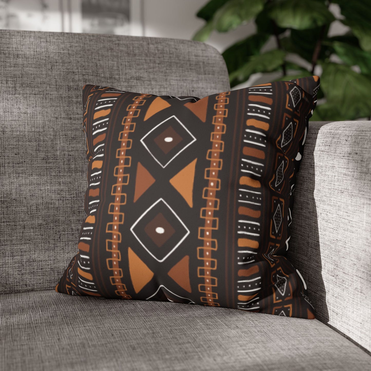 Faux Suede Pillow Case, Mudcloth Design, Square Throw Cushion, Boho Home Decor, Black/Brown Pillow Casecase, Living Room Accent, Bedroom Accessory