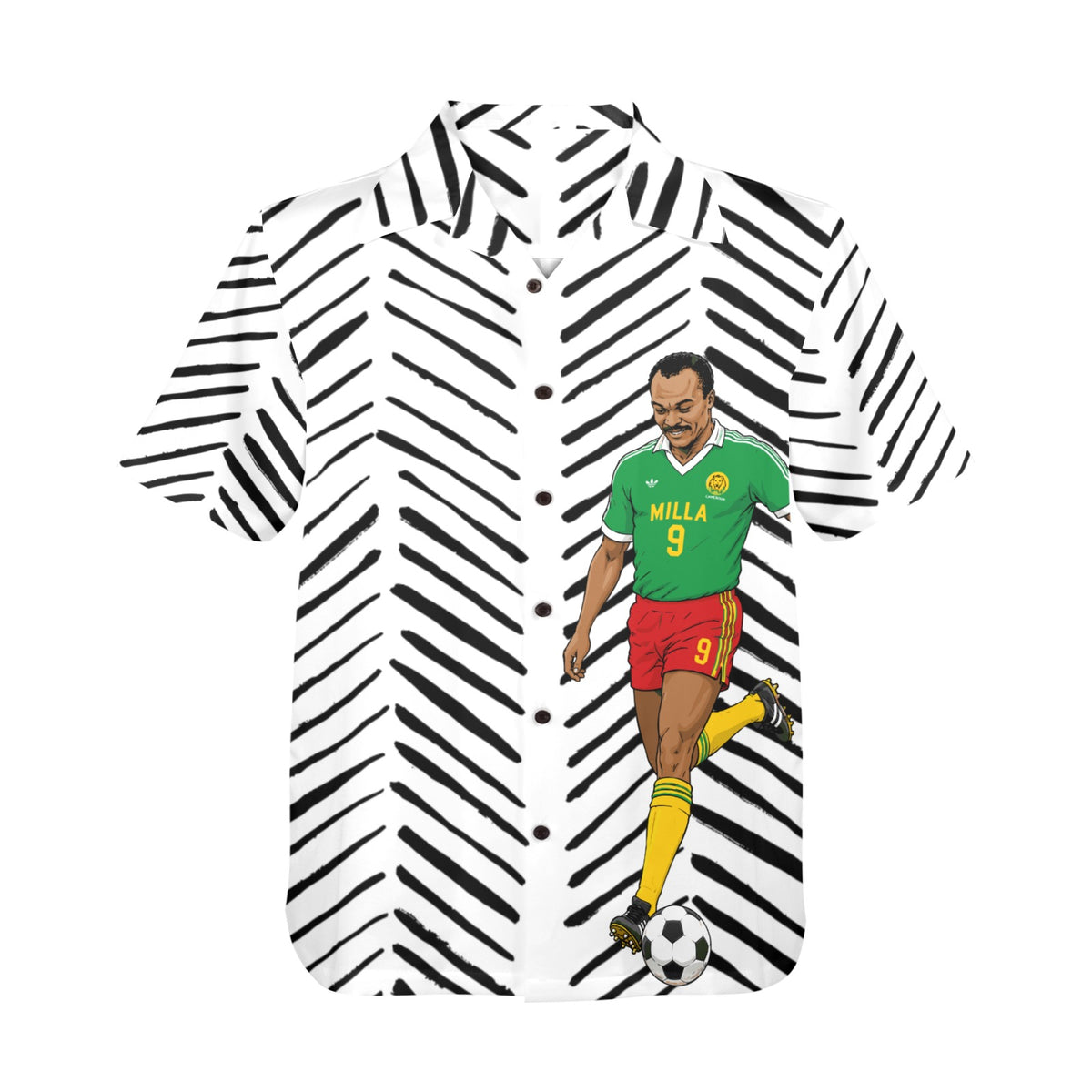 Roger Milla Hawaiian Shirt ,Cameroon Football Legend, Mudcloth Resort Shirt , African Soccer Camp Collar Button Up