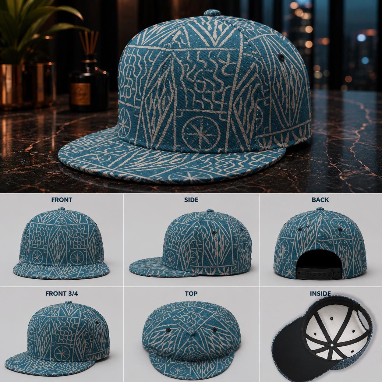 Ndop Flat Brim Snapback Hat, Blue Tribal Pattern Baseball Cap