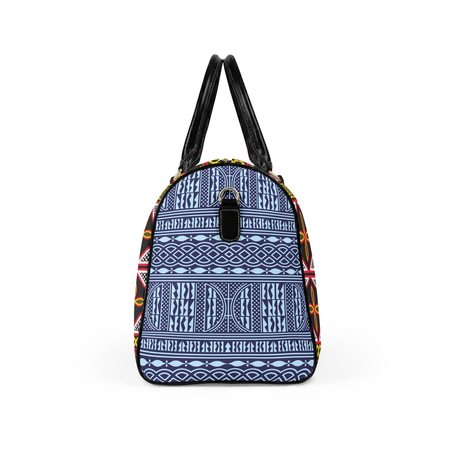 NEW Vegan Leather Travel Bag, Yellow Toghu with Blue Ndop Sides print
