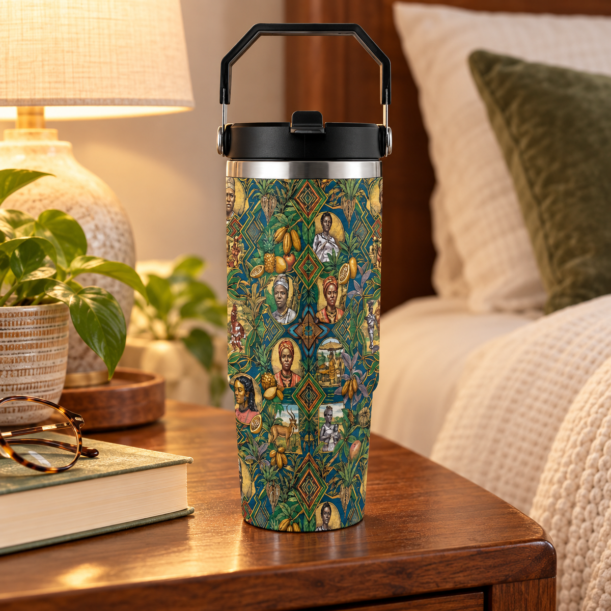 A colorful patterned thermos or thermos-like container with a black handle and lid, placed on a wooden table next to a lamp and a book.