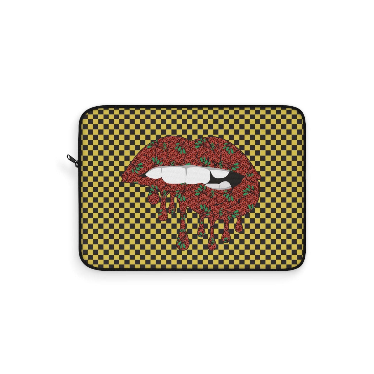 Red Floral Lips Laptop Sleeve: Yellow Checkers, Front Print