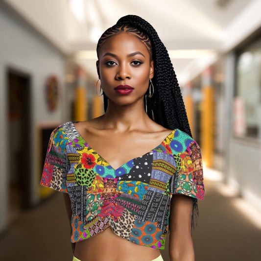 Ankara Print Crop Top: Stretchy V-Neck Summer Festival Fashion, Ready to Ship