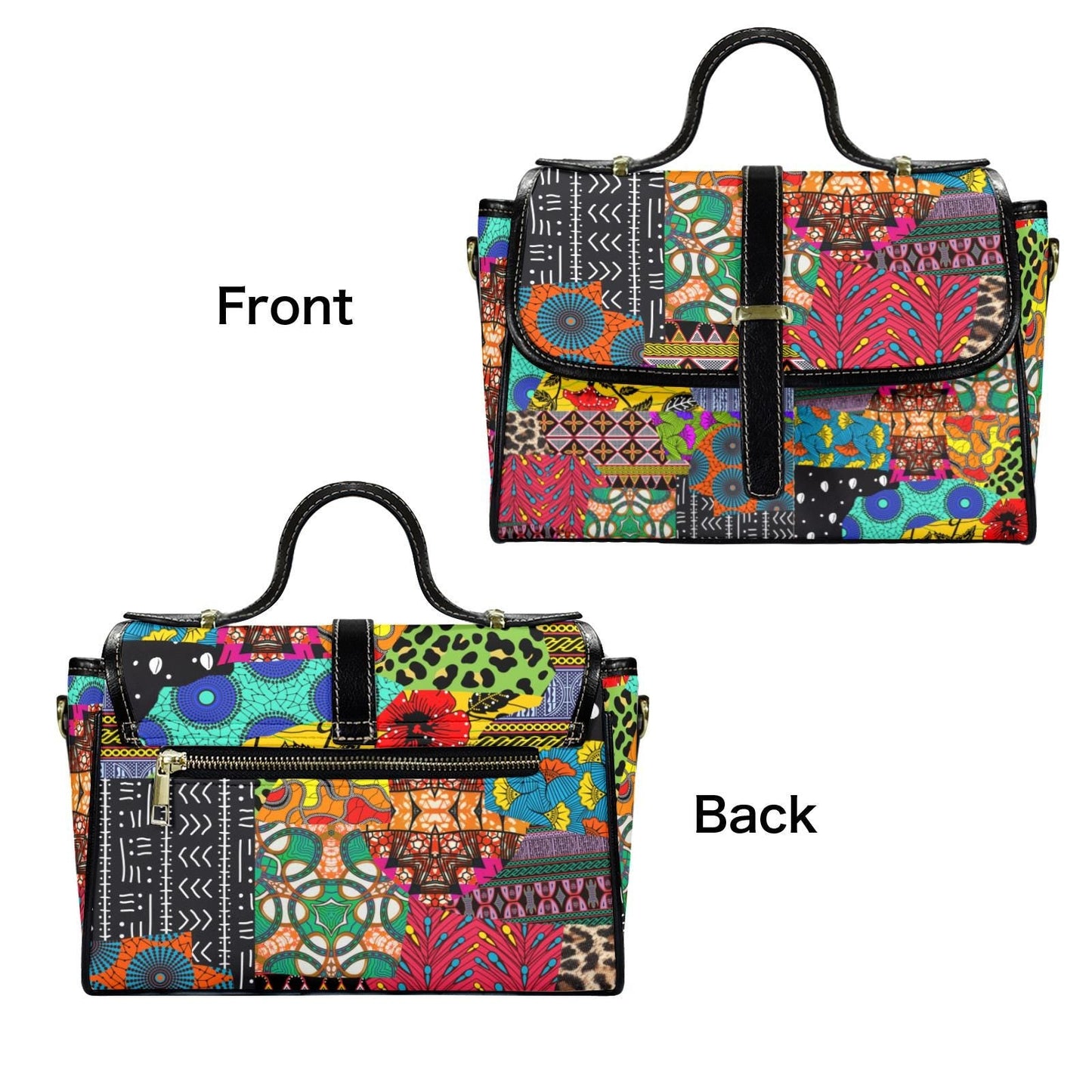 Ankara Print Vegan Leather Satchel Handbag: Black Flap Top, Long Strap, Ready to Ship