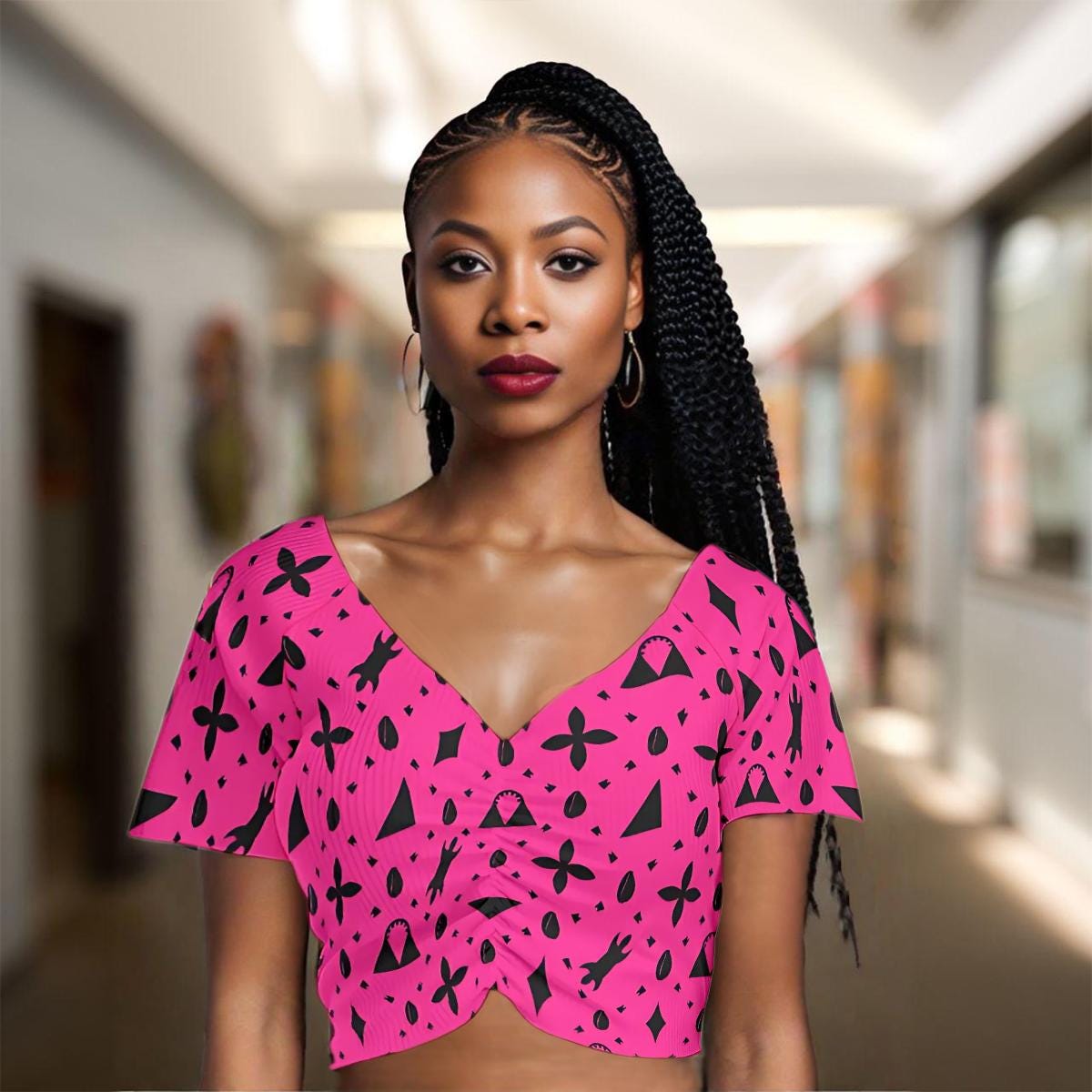 Hot Pink Toghu Print Crop Top: V-Neck Stretchy Festival Shirt