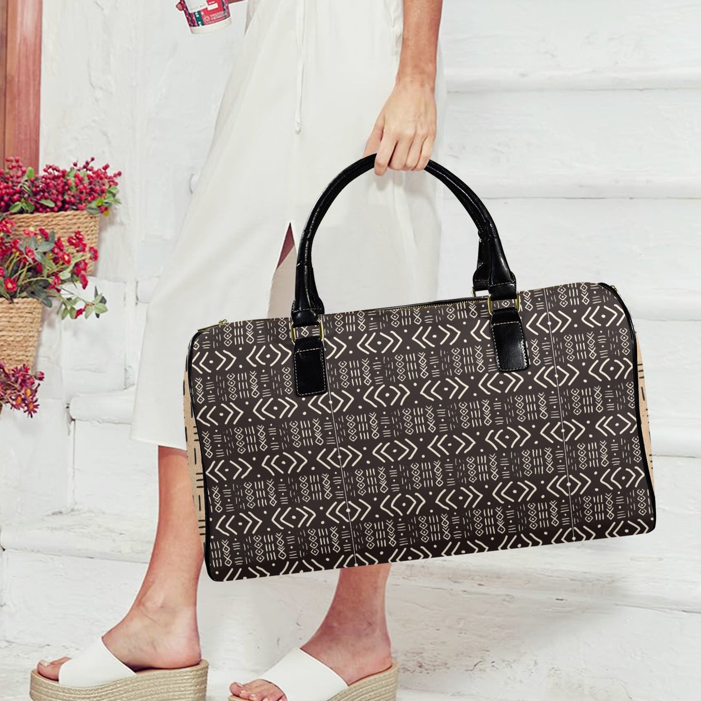 New Vegan Leather Travel Bag, Black Mudcloth with Cork Mudcloth Sides