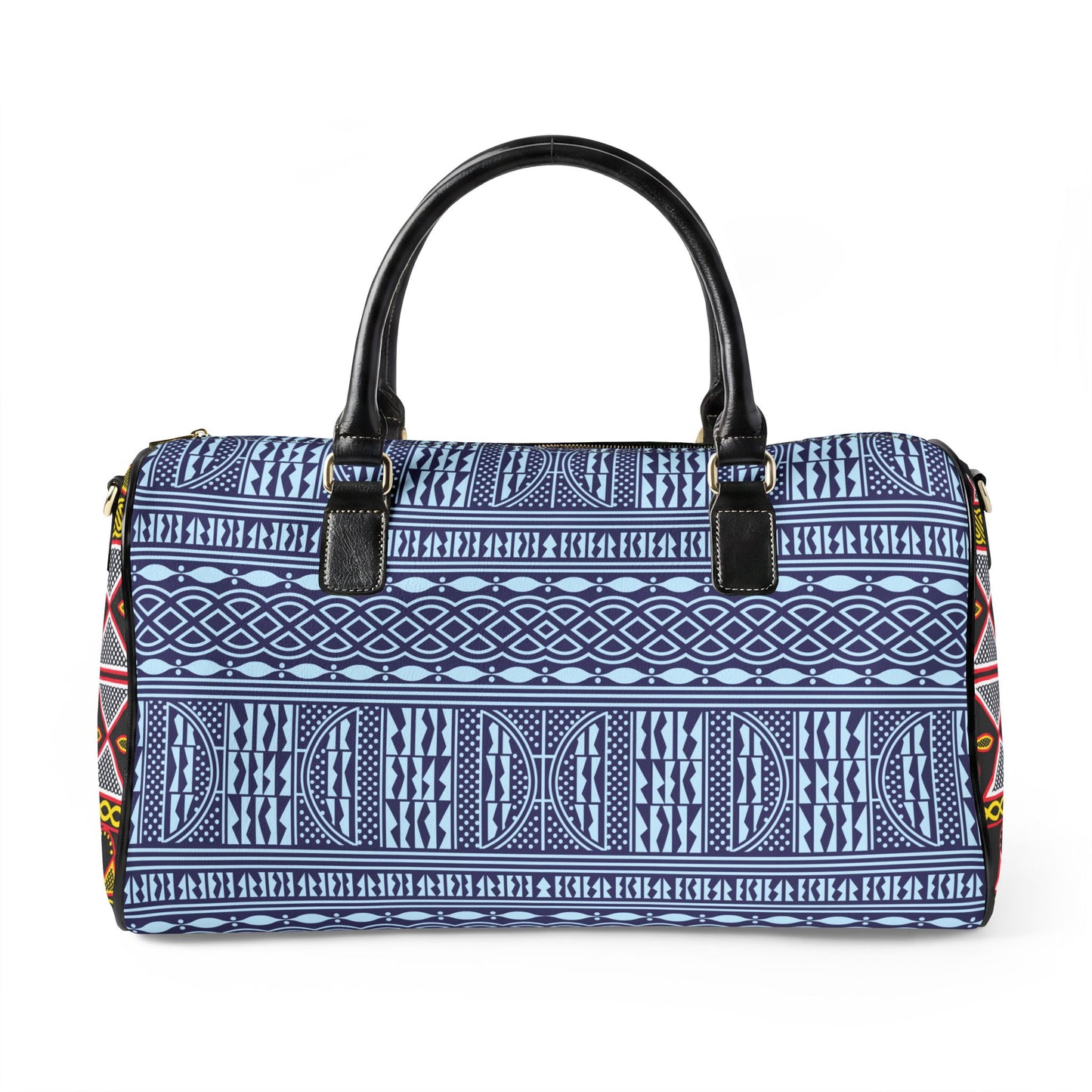 NEW Vegan Leather Travel Bag, Blue Ndop with Yellow Toghu Sides print