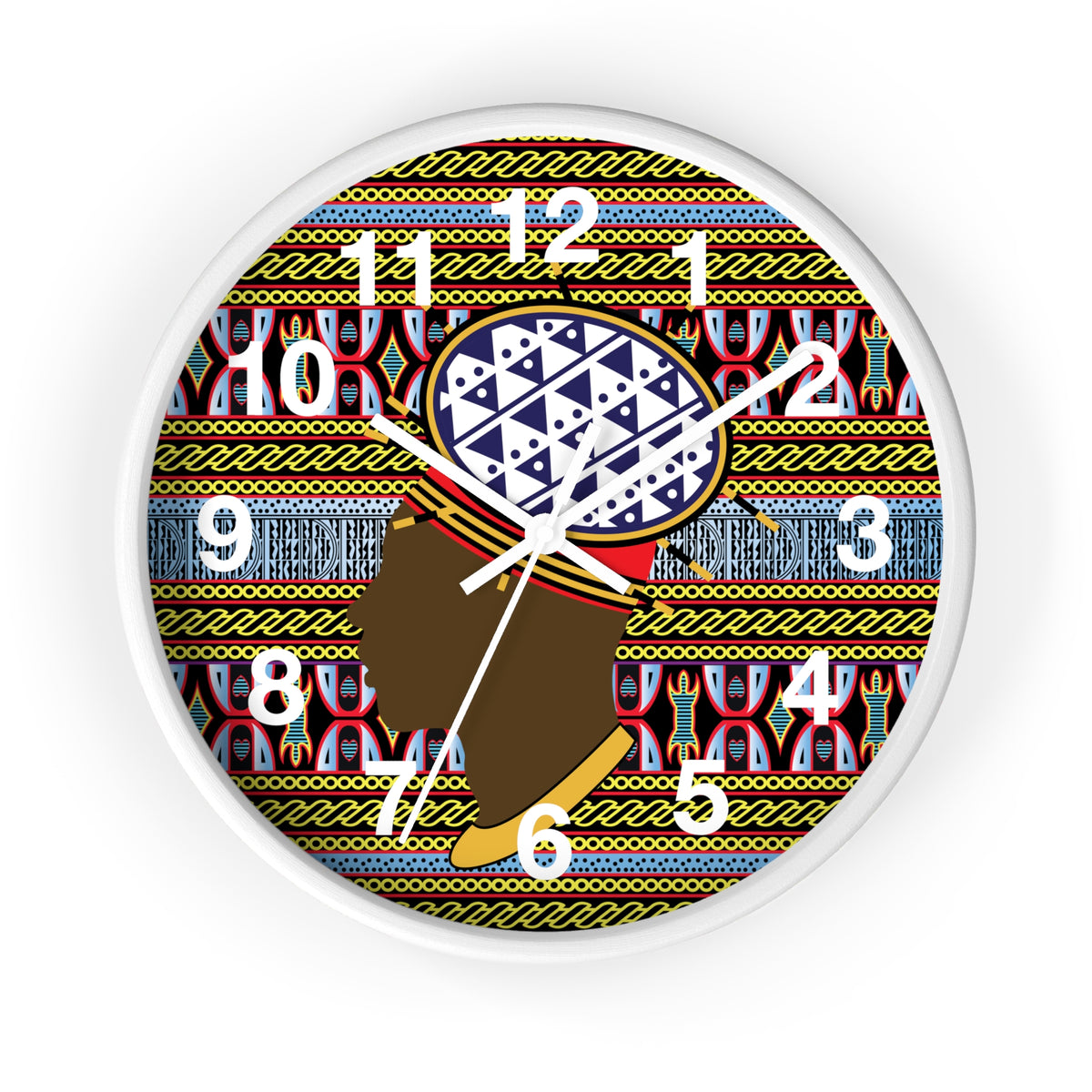 African wood wall clock, Bamileke Toghu Print Man, 12in Wood Mini