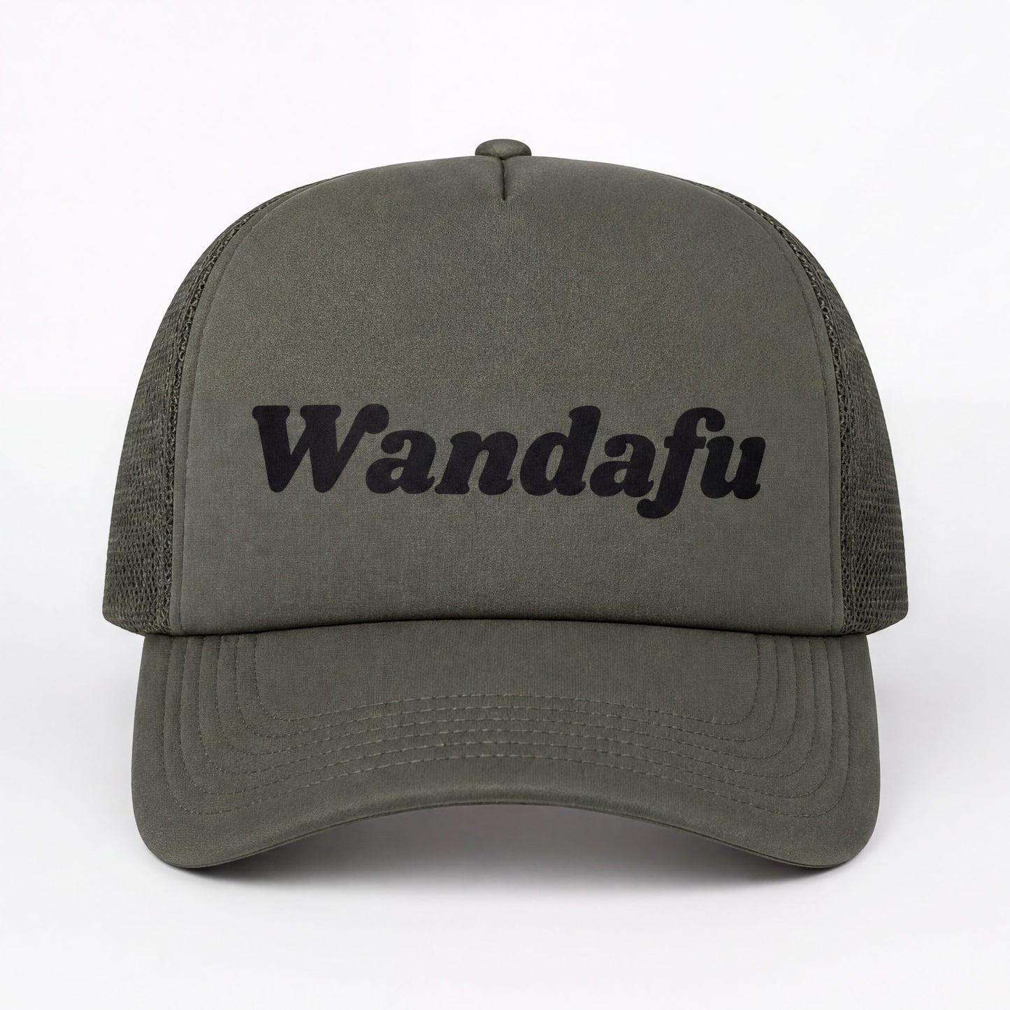 A dark green baseball cap with the text "Wandafu" printed on it.