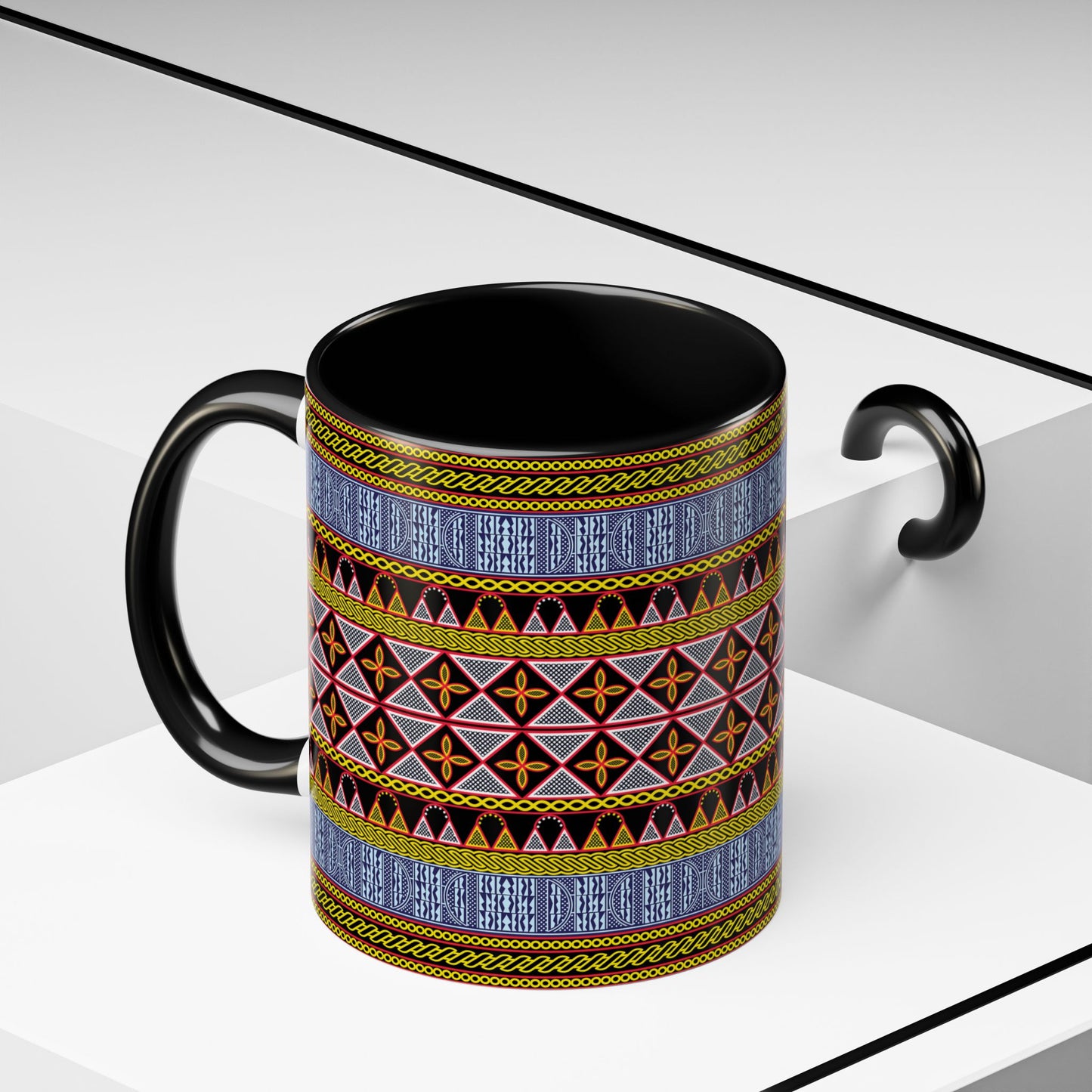 Cameroonian Toghu and Ndop Ceramic Coffee Mug (11, 15oz) in 4 Colors, 2 Sizes, Unique African Print Design