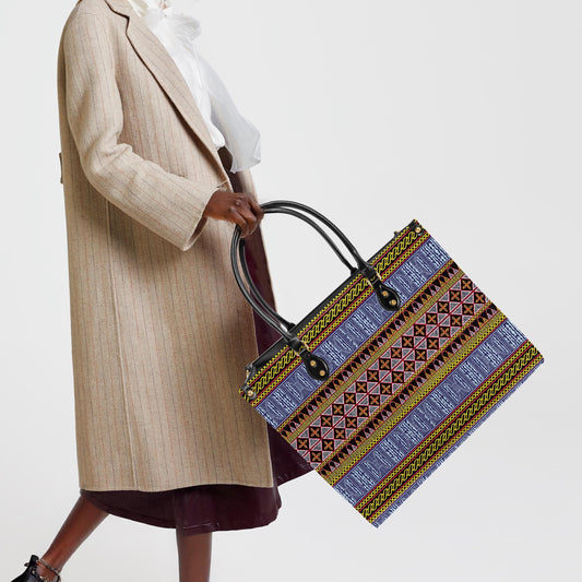 African Print Vegan Leather Tote Bag: Toghu and Ndop & BW Bells Design