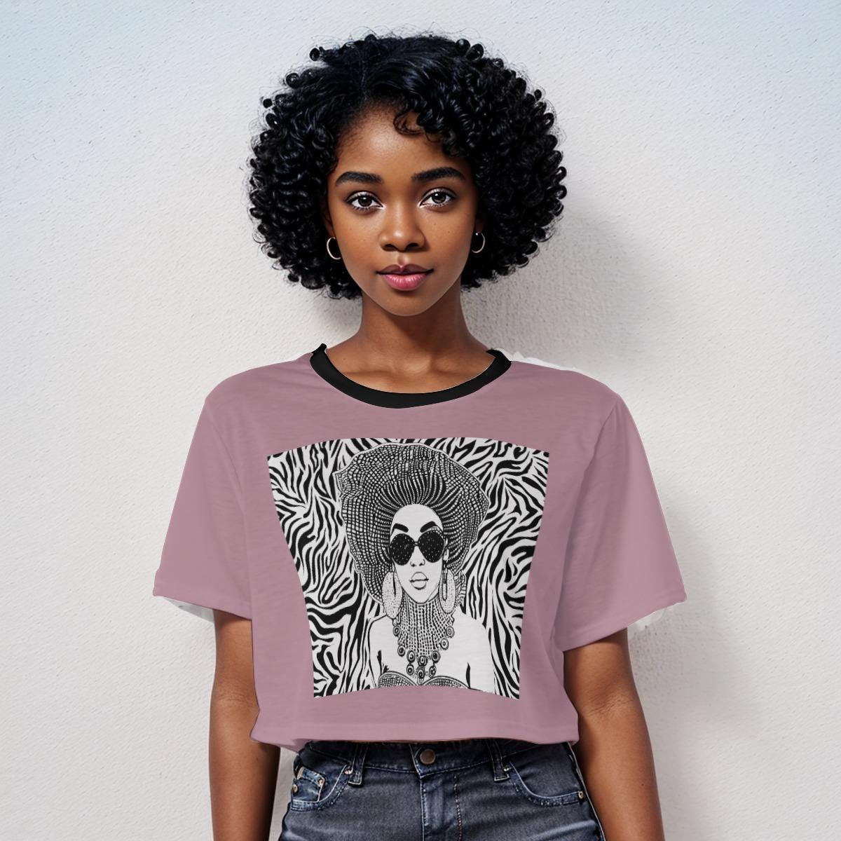 African Print Crop Top: Mauve Jersey with Zebra Design