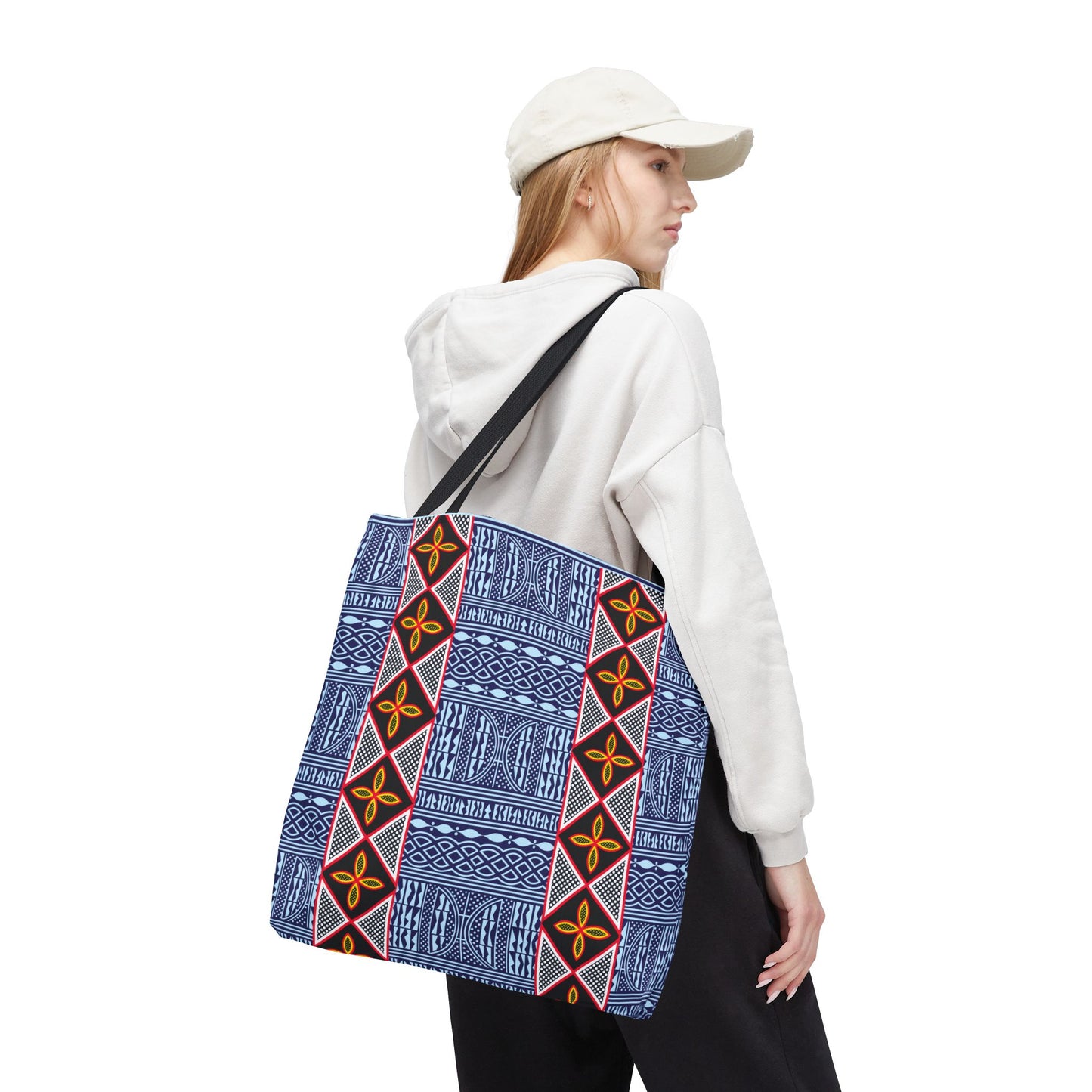 Blue Tribal Ndop Pattern Canvas Tote | Geometric Ethnic Print, Vertical Toghu Stripes