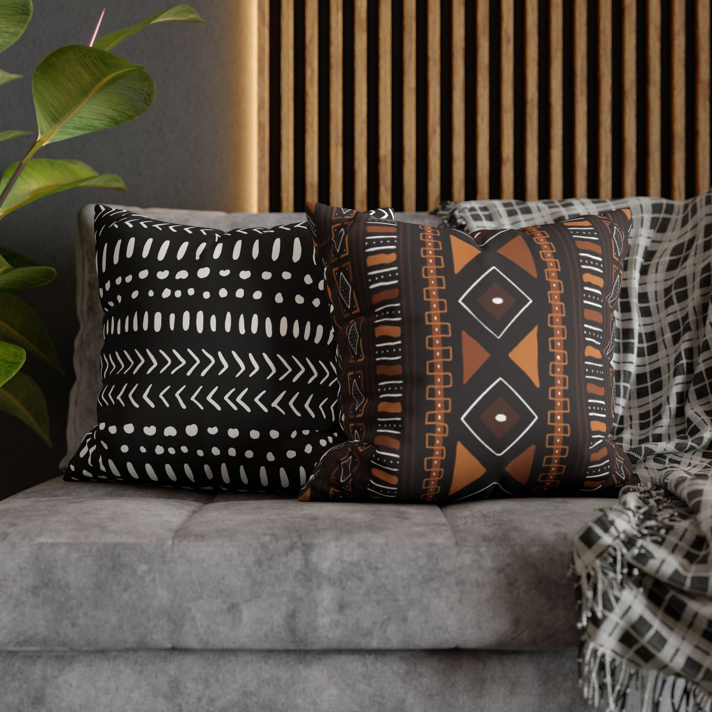 Faux Suede Pillow Case, Mudcloth Design, Square Throw Cushion, Boho Home Decor, Black/Brown Pillow Casecase, Living Room Accent, Bedroom Accessory