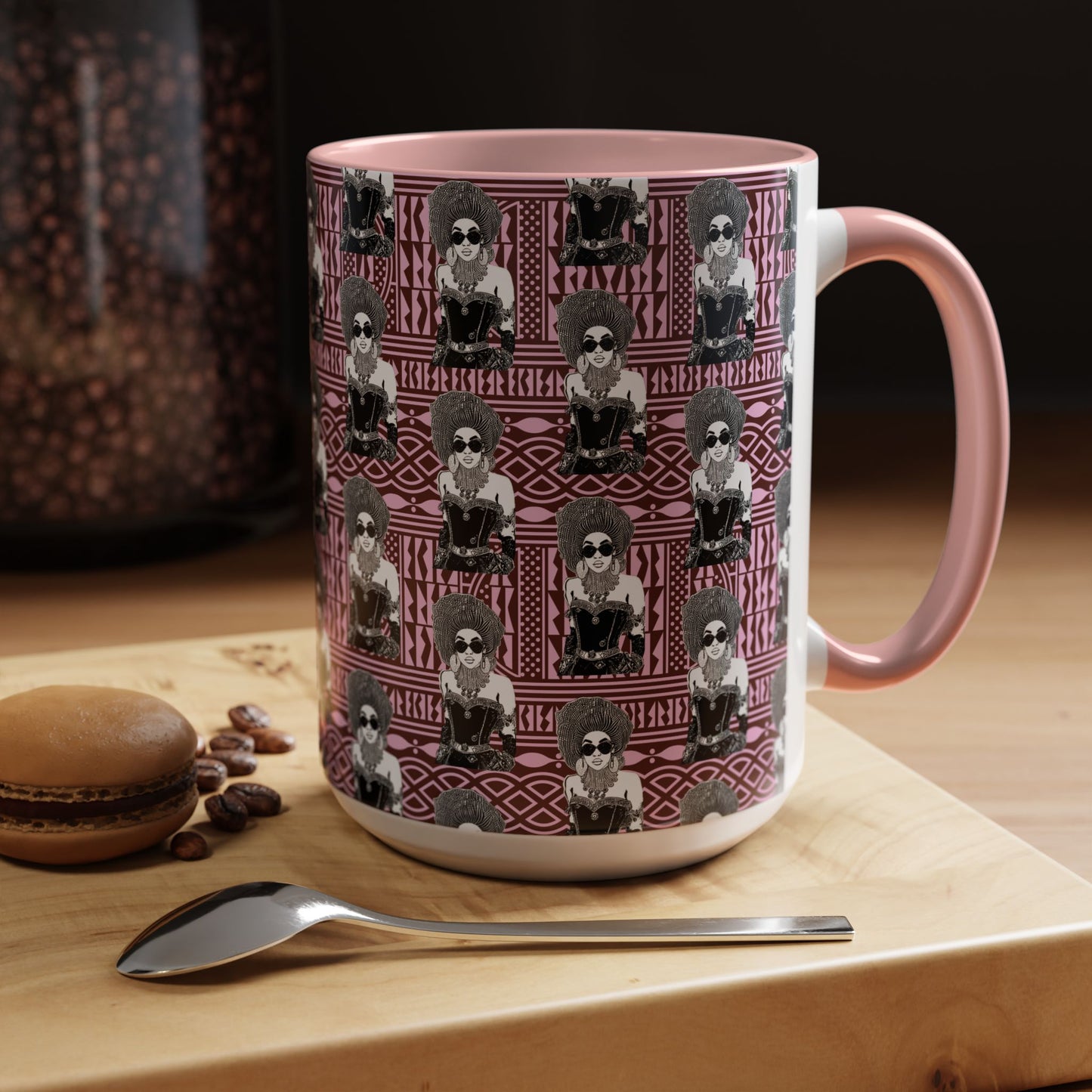 Madame Headtie(BW) Two-Tone Ceramic Coffee Mugs on Pink Ndop (4 Colors), 15oz